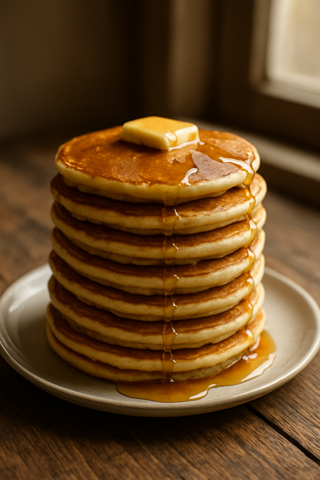 Vertical 9:16 realistic food photo of a perfectly stacked tower of golden-brown fluffy pancakes, topped with a melting pat of butter and cascading maple syrup. Shot from a slightly overhead angle on a rustic wooden table with soft morning light coming from a window. No text, no logo, no watermark. unique slide 1, vertical 9:16 realistic food photography, no words, no logo Unique image number 1. Do not repeat composition. Realistic food photography, vertical 9:16, no text, no watermark.