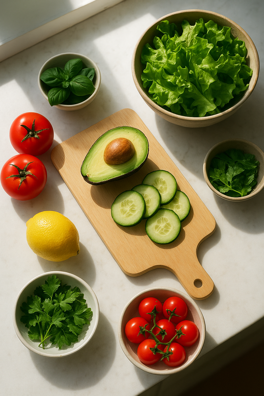 Top-down view of a bright kitchen island with fresh ingredients, natural morning light, realistic photography. unique slide 1, vertical 9:16 realistic food photography, no words, no logo Unique image number 1. Do not repeat composition. Realistic food photography, vertical 9:16, no text, no watermark.