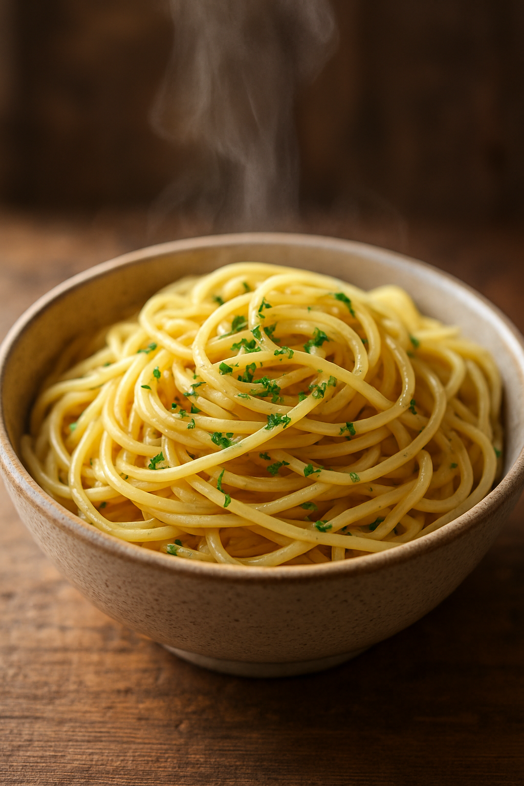 Close-up of a steaming bowl of garlic butter spaghetti, vertical 9:16, natural window light, rustic wooden background. unique slide 1, vertical 9:16 realistic food photography, no words, no logo Unique image number 1. Do not repeat composition. Realistic food photography, vertical 9:16, no text, no watermark.