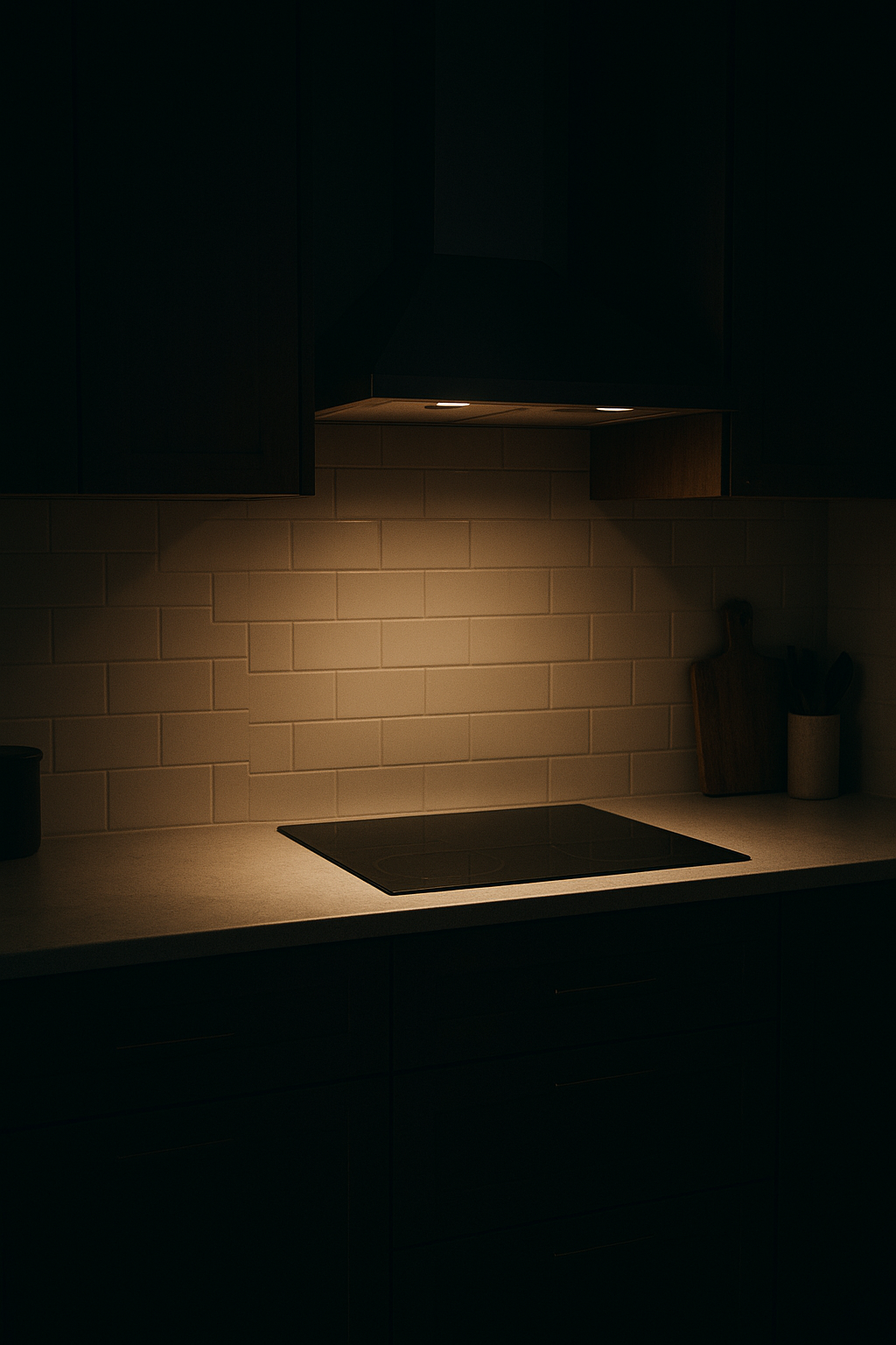 A dimly lit modern kitchen at night, soft glow from a range hood, focus on a clean countertop, 9:16 vertical, photorealistic. unique slide 1, vertical 9:16 realistic food photography, no words, no logo Unique image number 1. Do not repeat composition. Realistic food photography, vertical 9:16, no text, no watermark.
