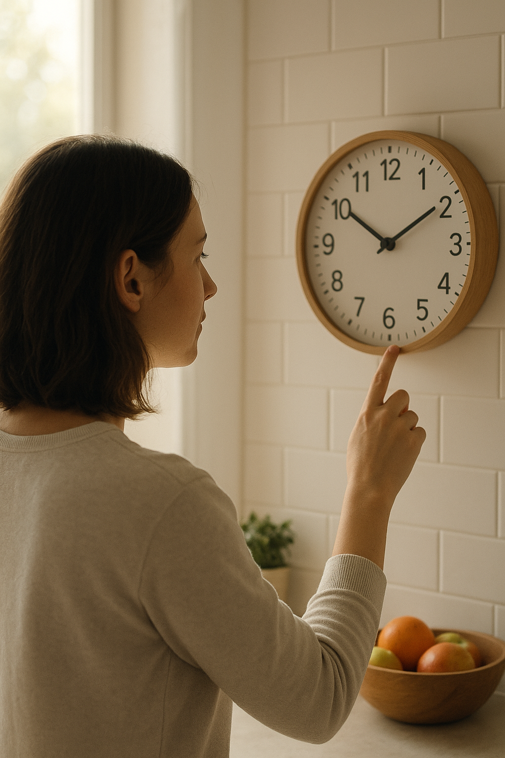 A close-up shot of a person looking at a clock in a bright kitchen, soft morning lighting. unique slide 1, vertical 9:16 realistic food photography, no words, no logo Unique image number 1. Do not repeat composition. Realistic food photography, vertical 9:16, no text, no watermark.