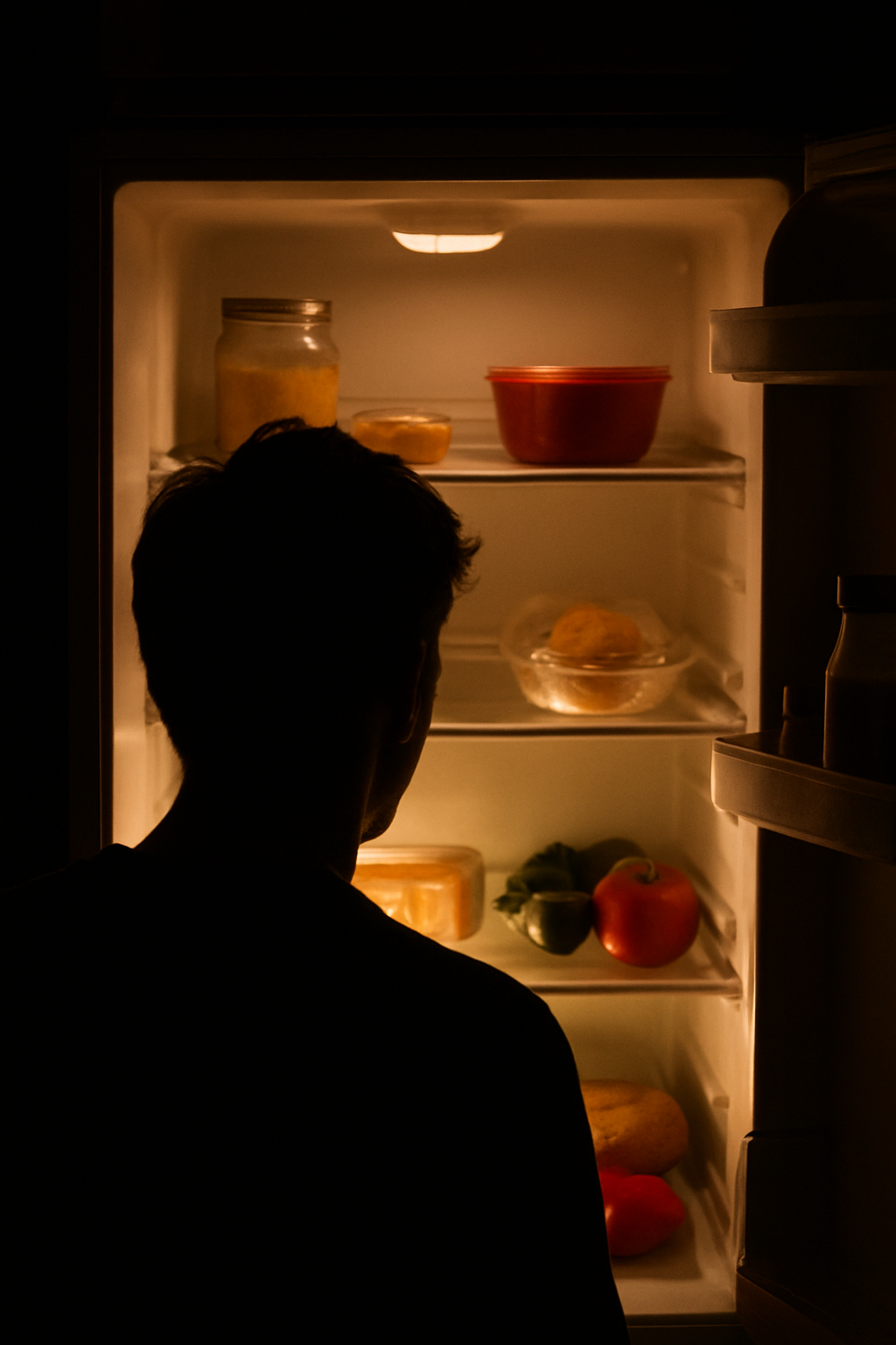 A person looking into a softly lit refrigerator at night, silhouette, realistic, high quality, vertical 9:16. unique slide 1, vertical 9:16 realistic food photography, no words, no logo Unique image number 1. Do not repeat composition. Realistic food photography, vertical 9:16, no text, no watermark.