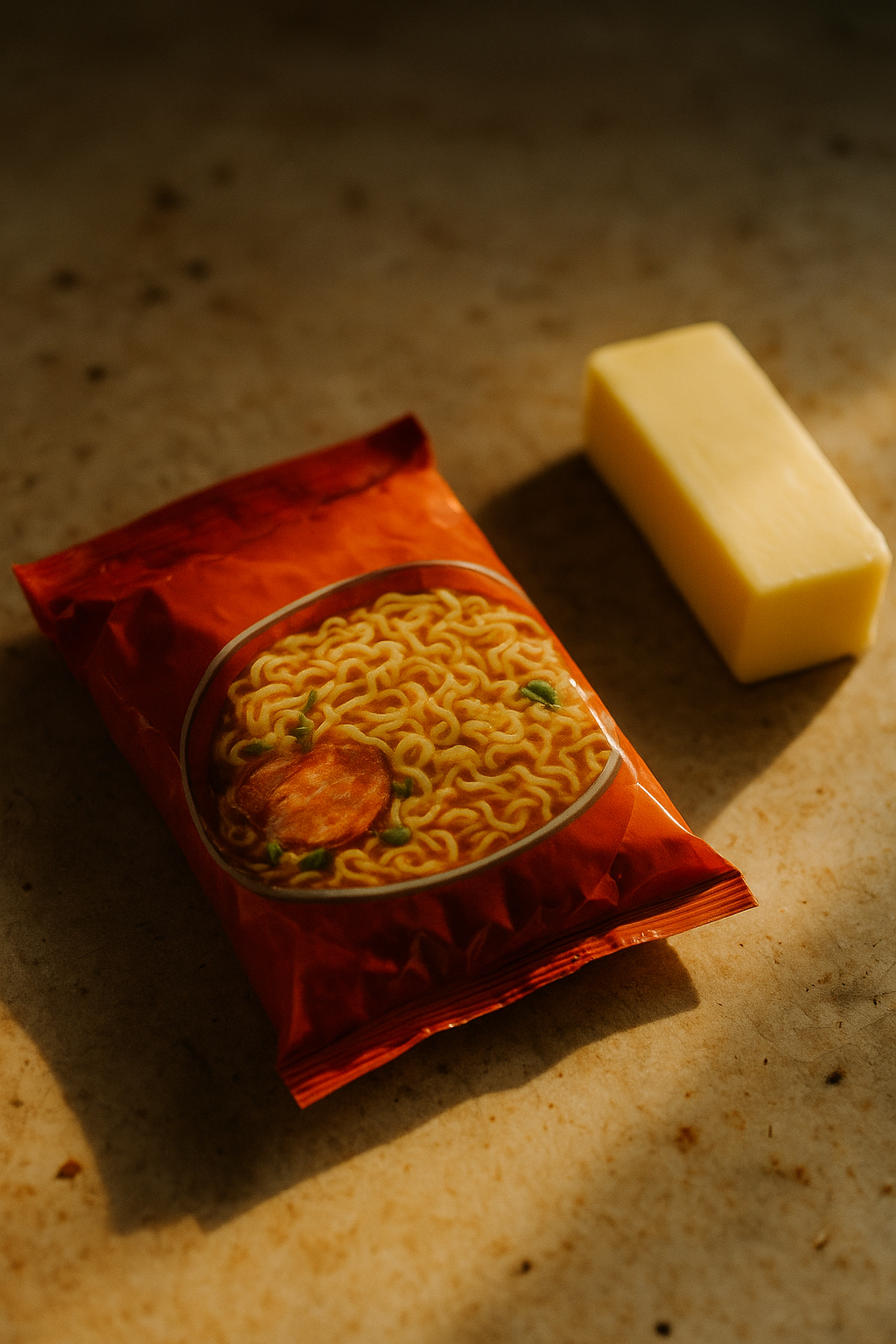 Close-up of an unopened ramen packet next to a stick of butter on a messy counter, warm morning light, cinematic focus. unique slide 1, vertical 9:16 realistic food photography, no words, no logo Unique image number 1. Do not repeat composition. Realistic food photography, vertical 9:16, no text, no watermark.