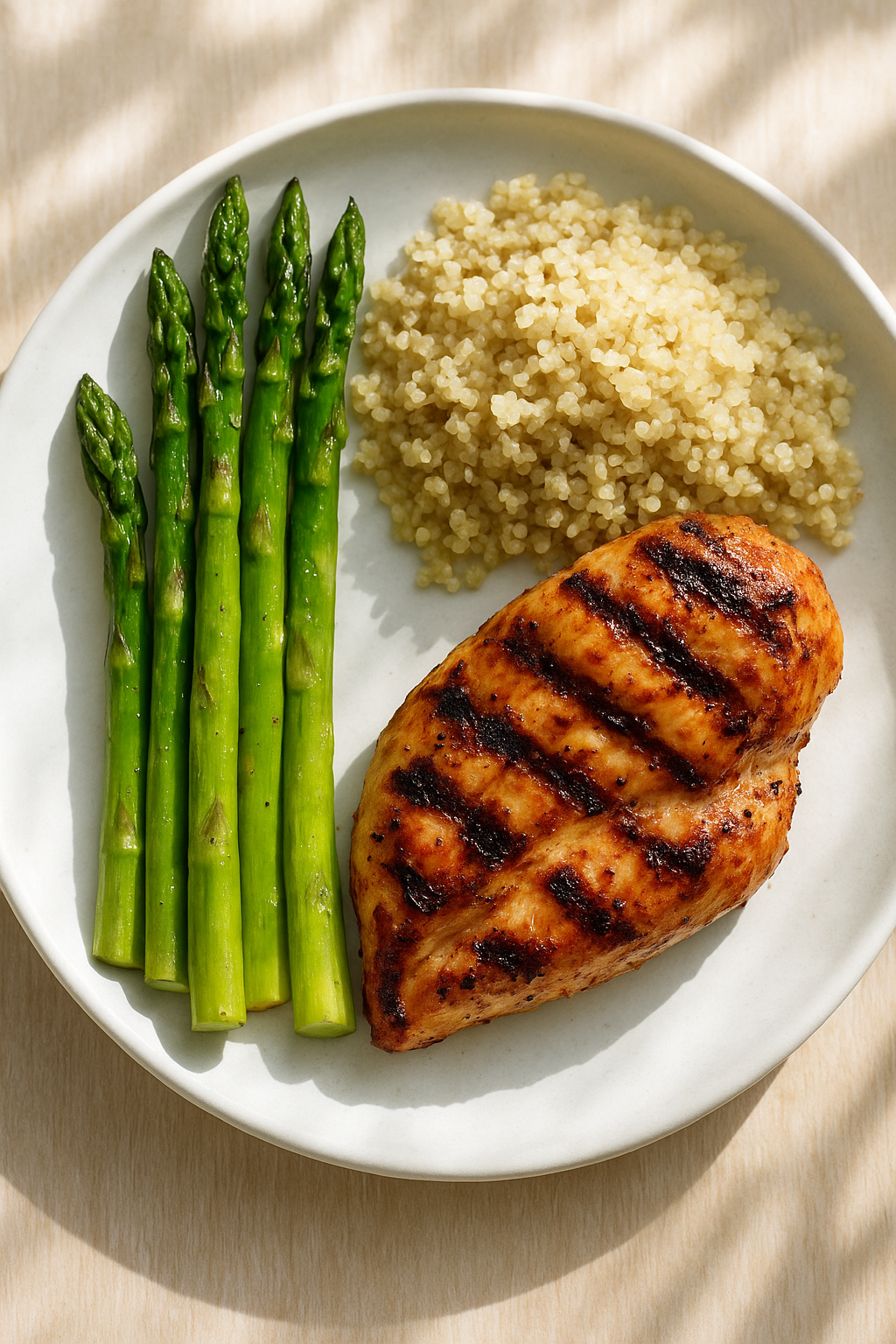 Close-up, overhead vertical 9:16 shot of a vibrant plate with grilled chicken, bright green asparagus, and fluffy quinoa, dappled sunlight, white ceramic plate on a light wood surface, professional food photography. unique slide 1, vertical 9:16 realistic food photography, no words, no logo Unique image number 1. Do not repeat composition. Realistic food photography, vertical 9:16, no text, no watermark.