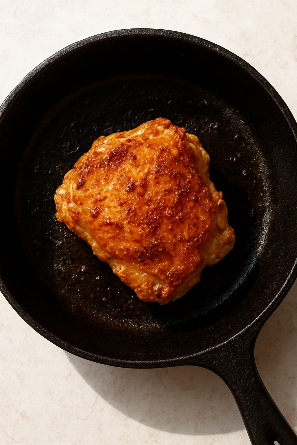 Vertical 9:16 shot of a golden-brown crispy chicken thigh in a cast iron skillet, bright natural light, top-down angle. unique slide 1, vertical 9:16 realistic food photography, no words, no logo Unique image number 1. Do not repeat composition. Realistic food photography, vertical 9:16, no text, no watermark.