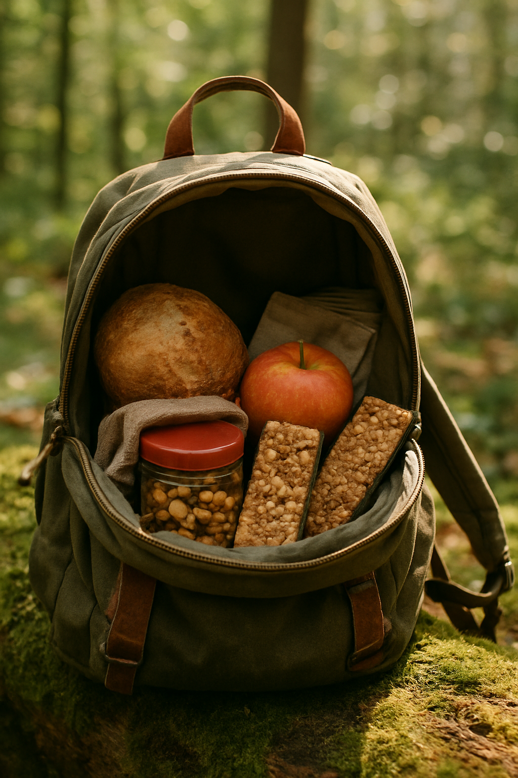 Close up, eye-level shot of a hiker's backpack open on a mossy log, sunlight filtering through trees, natural lighting. unique slide 1, vertical 9:16 realistic food photography, no words, no logo Unique image number 1. Do not repeat composition. Realistic food photography, vertical 9:16, no text, no watermark.