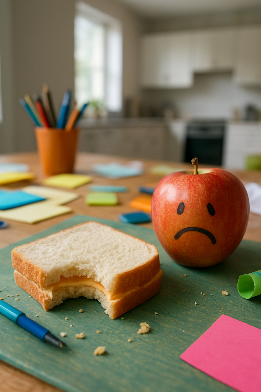 A top-down shot of a messy, vibrant desk with a half-eaten, unappealing plain sandwich and a sad-looking apple, juxtaposed with a blurred background of a brightly lit, modern kitchen. Vertical 9:16, realistic food photo, natural light. unique slide 1, vertical 9:16 realistic food photography, no words, no logo Unique image number 1. Do not repeat composition. Realistic food photography, vertical 9:16, no text, no watermark.