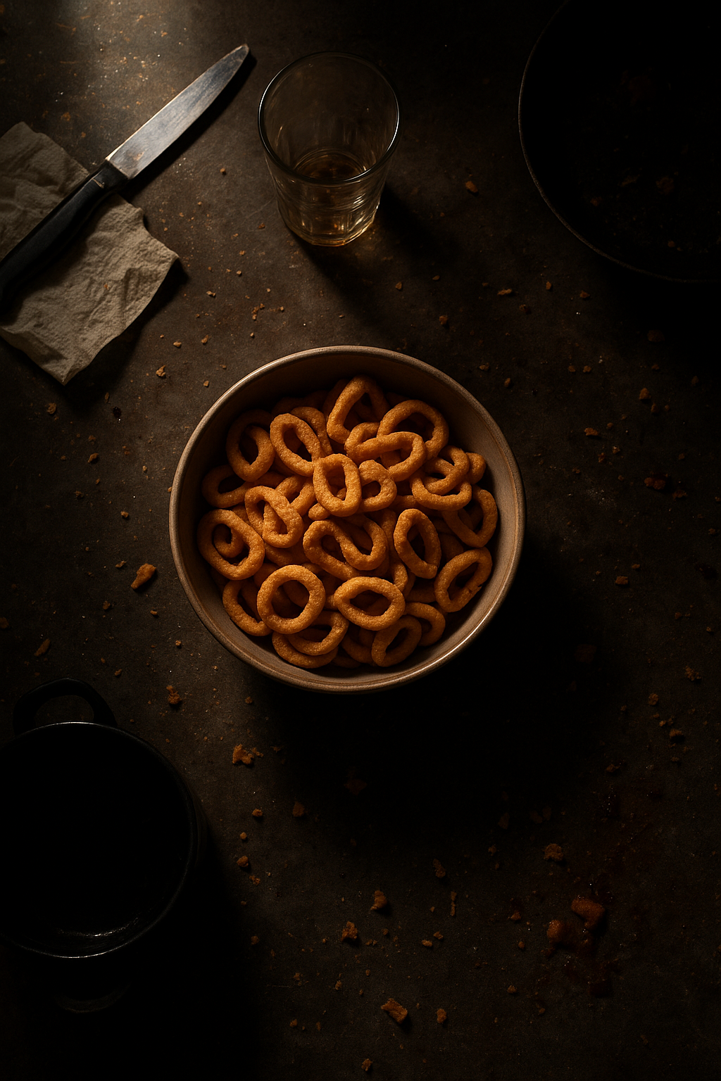 Top-down shot of a messy kitchen counter at night, single bowl of snacks, moody shadows, cinematic lighting. unique slide 1, vertical 9:16 realistic food photography, no words, no logo Unique image number 1. Do not repeat composition. Realistic food photography, vertical 9:16, no text, no watermark.