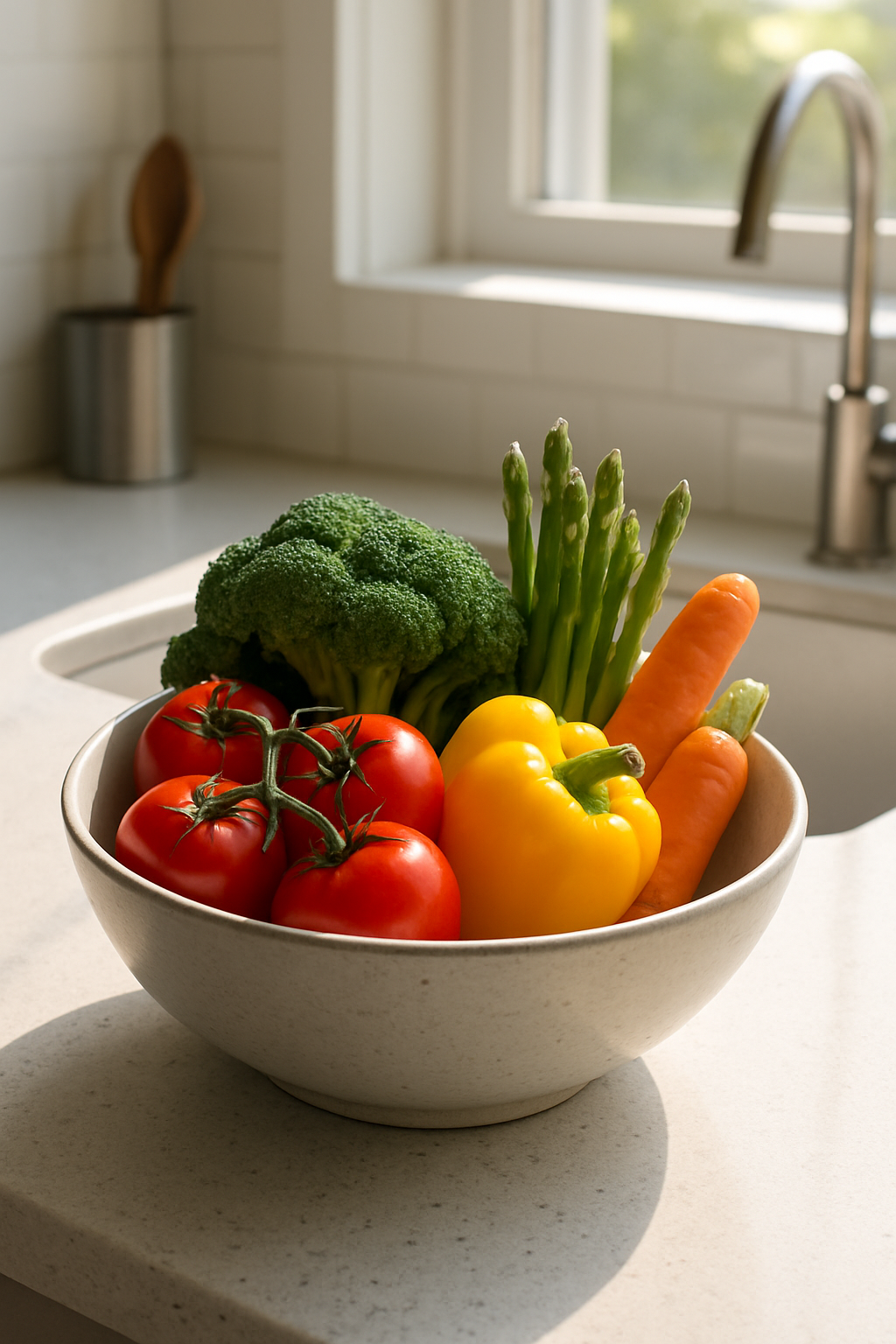 A modern kitchen counter with a bowl of fresh ingredients, bright morning light, 9:16 aspect ratio, sharp focus. unique slide 1, vertical 9:16 realistic food photography, no words, no logo Unique image number 1. Do not repeat composition. Realistic food photography, vertical 9:16, no text, no watermark.