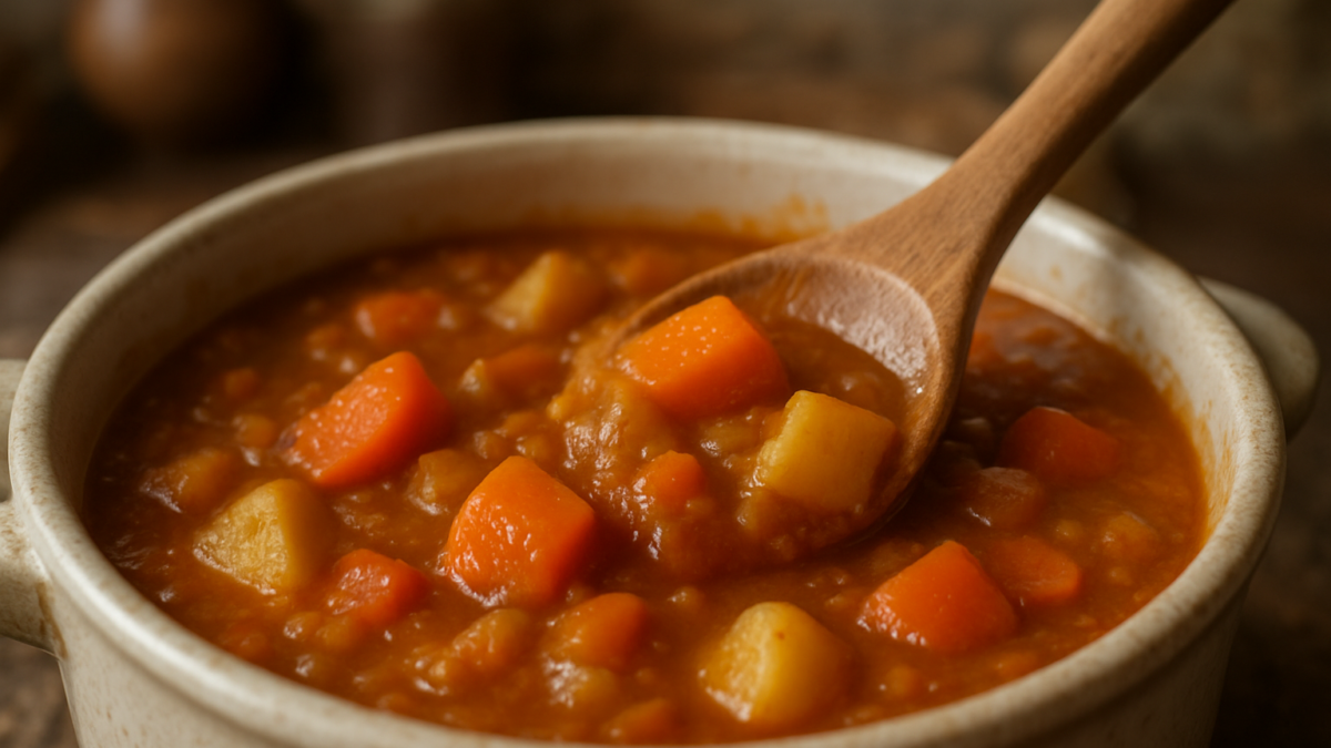Close-up of a wooden spoon stirring a thick, hearty vegetable stew in a ceramic pot, visible chunks of carrots and potatoes, rustic farmhouse kitchen background, shallow depth of field, natural soft lighting. Google Discover quality, sharp, appetizing, original, landscape article image, no text, no logo, no watermark.