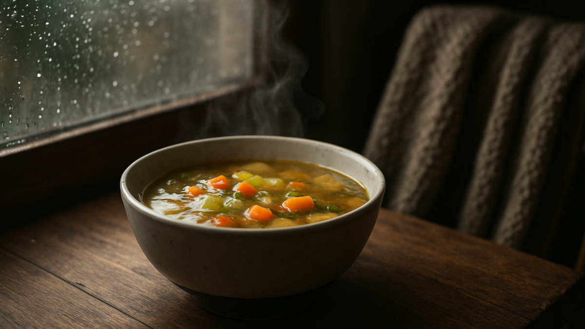A steaming bowl of homemade soup on a wooden table next to a window with raindrops on the glass, a soft knit blanket draped over a chair nearby, moody and atmospheric lighting, realistic textures. Google Discover quality, sharp, appetizing, original, landscape article image, no text, no logo, no watermark.