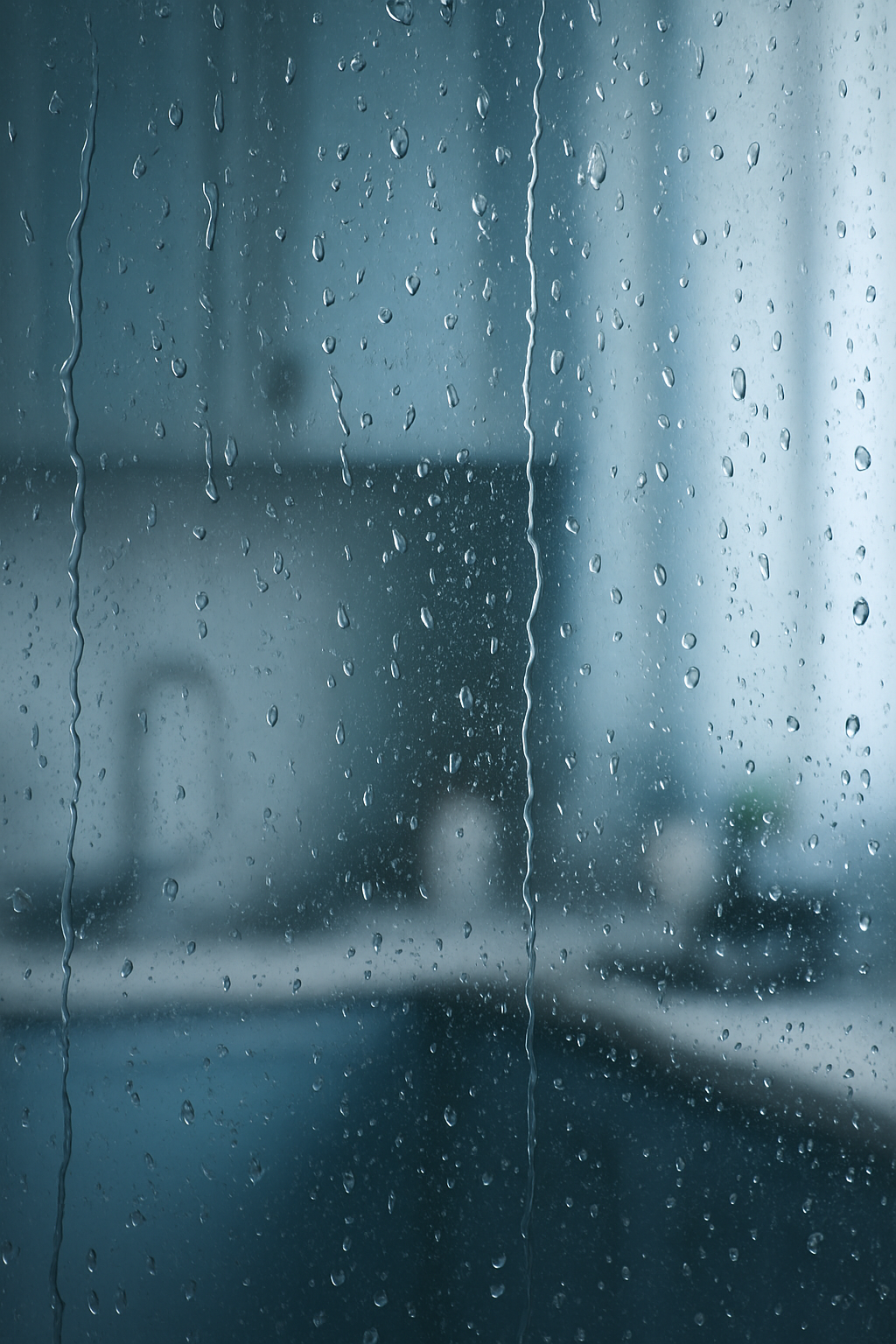 Close up of raindrops on a window pane, blurred kitchen interior in the background, cool tones, soft daylight. unique slide 1, vertical 9:16 realistic food photography, no words, no logo Unique image number 1. Do not repeat composition. Realistic food photography, vertical 9:16, no text, no watermark.