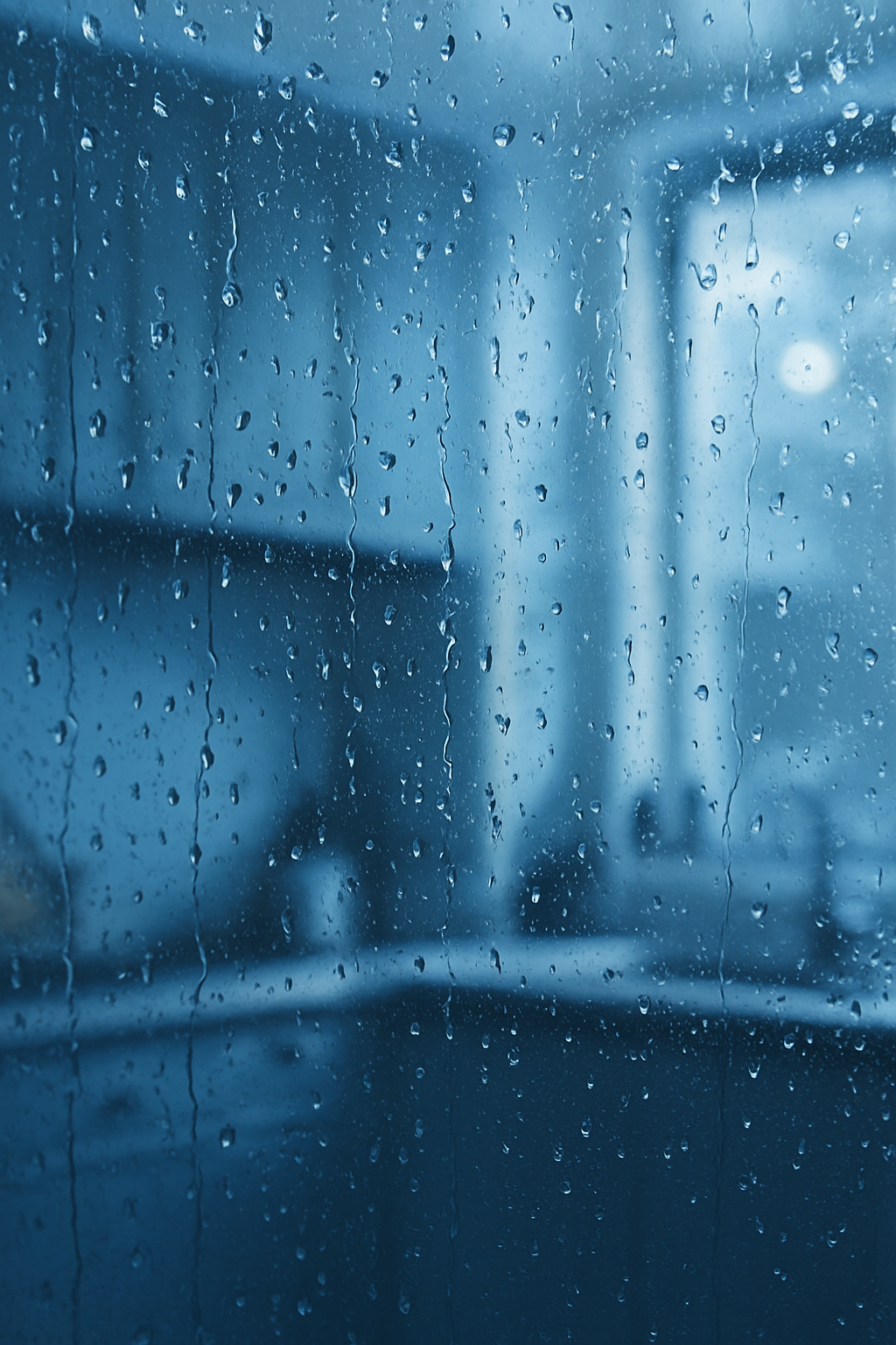 Close-up of raindrops on a window pane, blurred kitchen interior in the background, cool blue tones, 9:16 aspect ratio. unique slide 1, vertical 9:16 realistic food photography, no words, no logo Unique image number 1. Do not repeat composition. Realistic food photography, vertical 9:16, no text, no watermark.