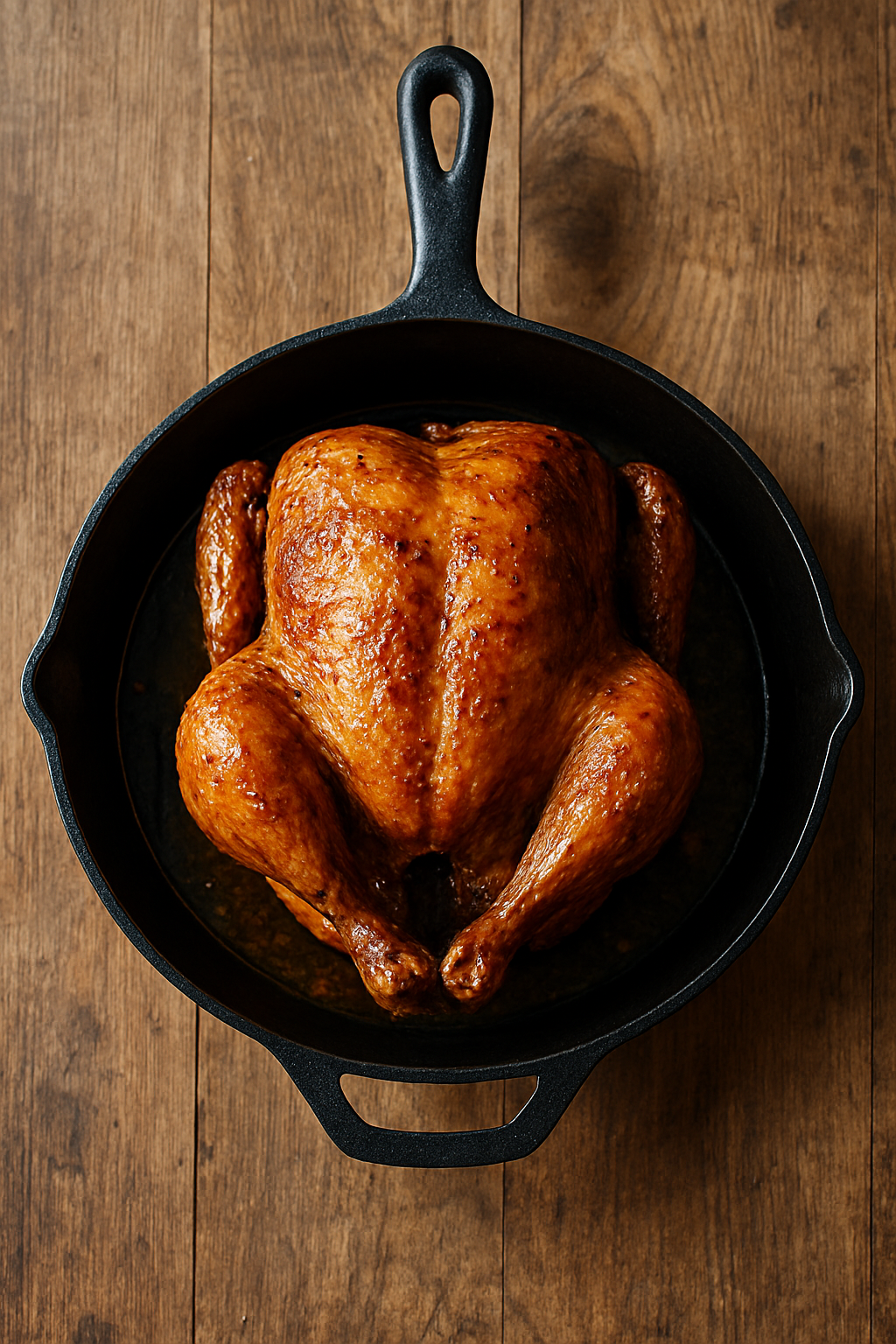 A whole golden-brown roasted chicken in a cast-iron skillet, overhead shot, natural morning light, rustic wooden table background. unique slide 1, vertical 9:16 realistic food photography, no words, no logo Unique image number 1. Do not repeat composition. Realistic food photography, vertical 9:16, no text, no watermark.