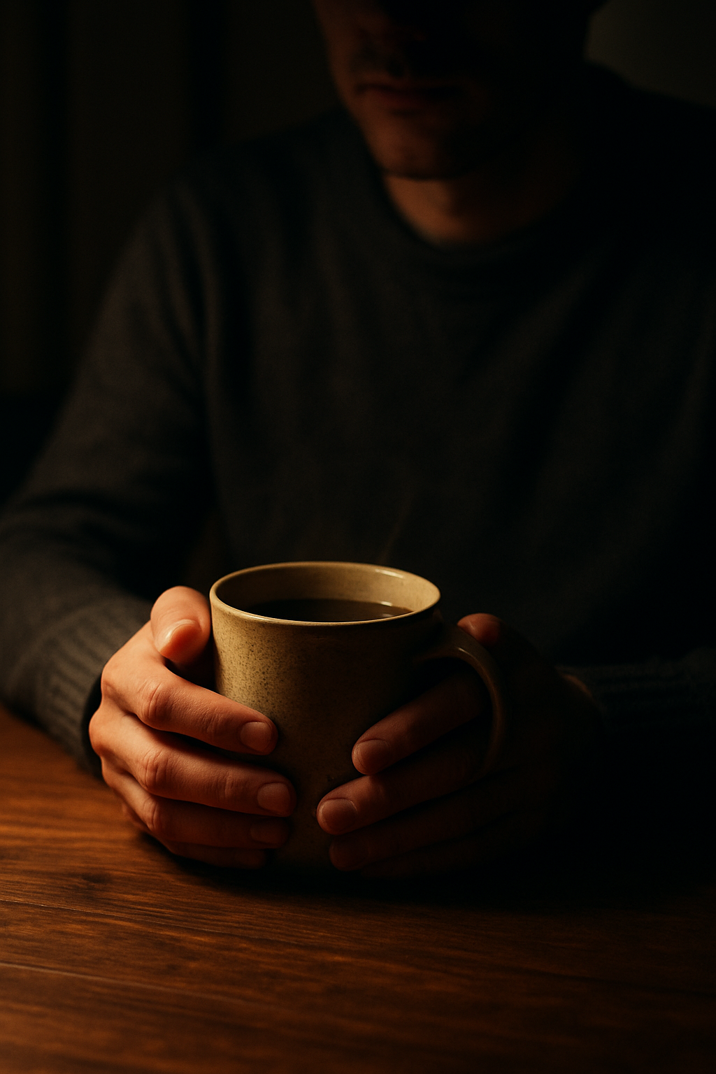 A person sitting at a dimly lit wooden table holding a warm mug, soft evening light, cinematic shadows, high quality, realistic. unique slide 1, vertical 9:16 realistic food photography, no words, no logo Unique image number 1. Do not repeat composition. Realistic food photography, vertical 9:16, no text, no watermark.