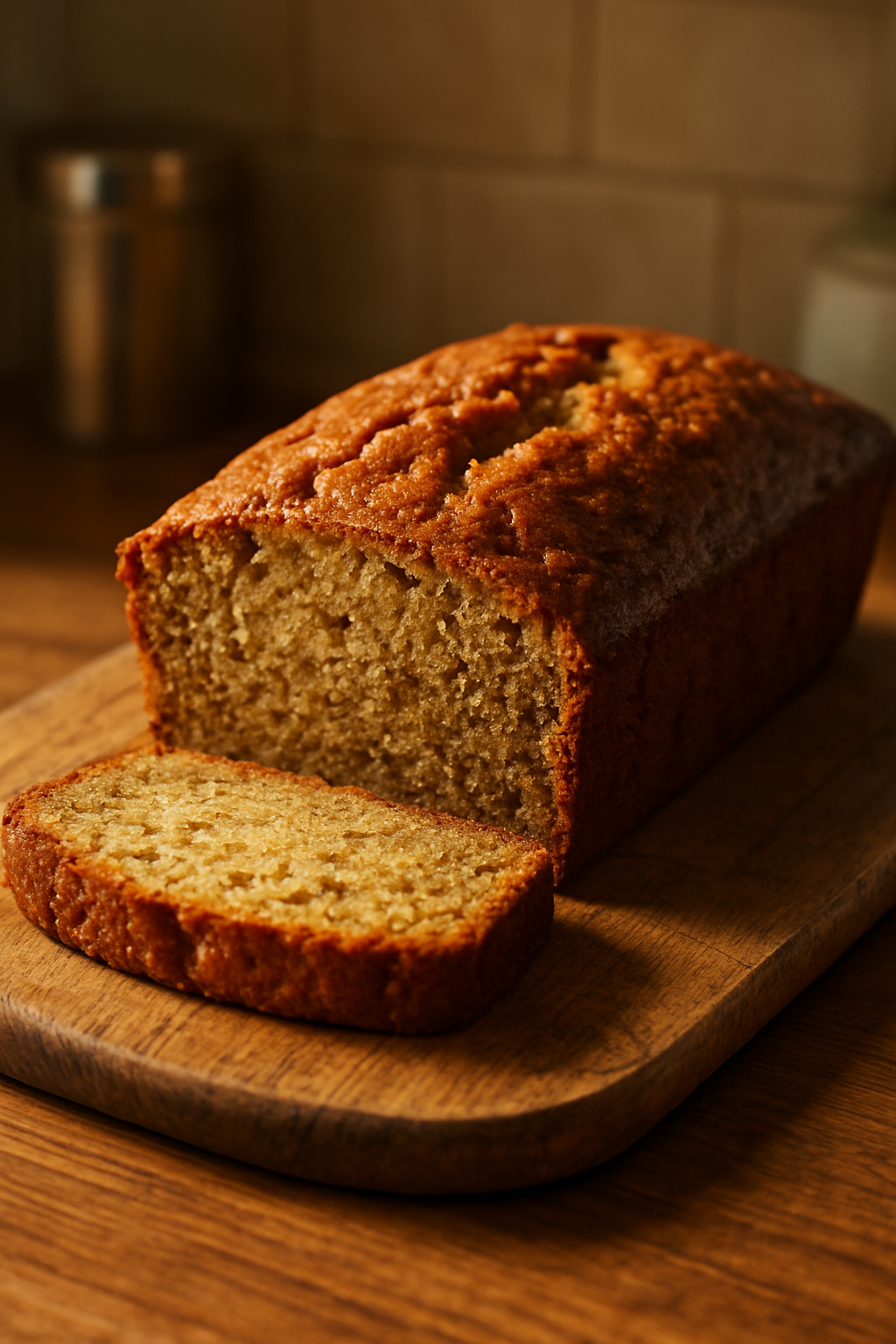 Close-up of a loaf of banana bread on a wooden board, warm side lighting, kitchen background. unique slide 1, vertical 9:16 realistic food photography, no words, no logo Unique image number 1. Do not repeat composition. Realistic food photography, vertical 9:16, no text, no watermark.