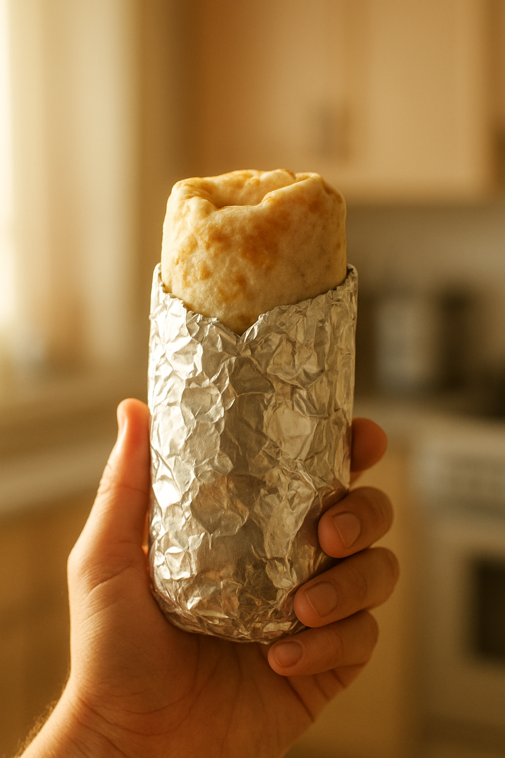 A person holding a warm, foil-wrapped burrito in their hand, morning sunlight, soft focus background of a kitchen, vertical shot. unique slide 1, vertical 9:16 realistic food photography, no words, no logo Unique image number 1. Do not repeat composition. Realistic food photography, vertical 9:16, no text, no watermark.