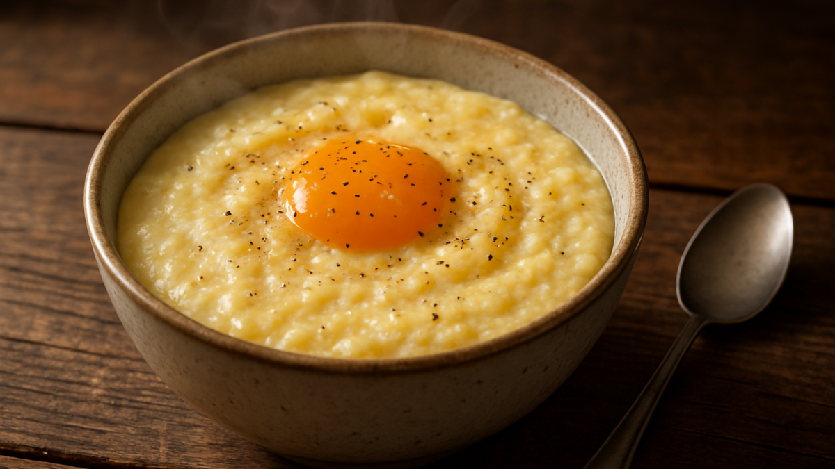 A rustic wooden table holding a steaming ceramic bowl of creamy cheese grits topped with a bright orange runny egg yolk and cracked black pepper, natural side lighting, macro shot. Google Discover quality, sharp, appetizing, original, landscape article image, no text, no logo, no watermark.