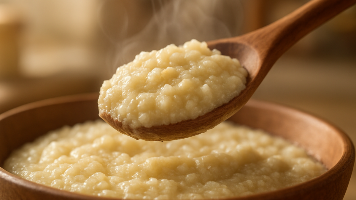 A close-up of a wooden spoon lifting a portion of thick, stone-ground grits, showing the texture and steam, soft kitchen background, warm morning sunlight. Google Discover quality, sharp, appetizing, original, landscape article image, no text, no logo, no watermark.