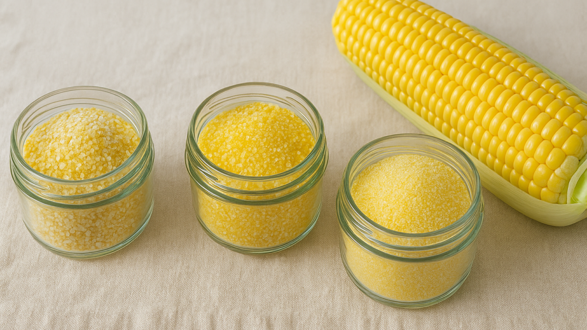 Three small glass jars containing different types of dry gritsu2014stone-ground, quick, and instantu2014arranged on a linen cloth with a raw corn cob nearby, high angle, clean kitchen setting. Google Discover quality, sharp, appetizing, original, landscape article image, no text, no logo, no watermark.