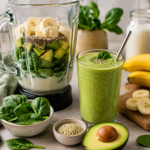Blender filled with spinach, avocado, banana and almond milk beside finished creamy green smoothie in glass, healthy comfort recipe