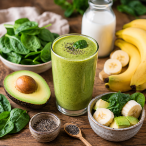 Green smoothie in clear glass surrounded by fresh spinach leaves, avocado halves, banana slices and chia seeds, 