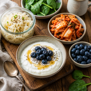 Greek yogurt bowl topped with blueberries and honey beside small bowls of kimchi and sauerkraut, healthy probiotic foods