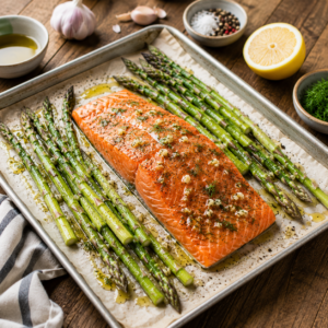 Step-by-step cooking scene showing salmon fillet on parchment-lined baking tray with asparagus, olive oil drizzle, garlic and dill seasoning, ready for oven
