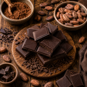 Premium dark chocolate squares (70% cocoa), scattered cocoa beans, warm cozy lighting, elegant wooden table, healthy stress-relief snack concept