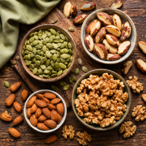 Rustic wooden table with pumpkin seeds, Brazil nuts, almonds and walnuts in small ceramic bowls, healthy anti-anxiety snack arrangement,