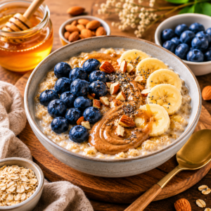 Warm creamy oatmeal topped with almond butter, blueberries and cinnamon in ceramic bowl