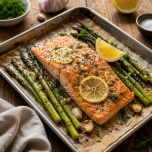 Fresh baked salmon fillet with lemon slices, garlic, dill and roasted asparagus on a baking tray, golden lighting, healthy dinner,
