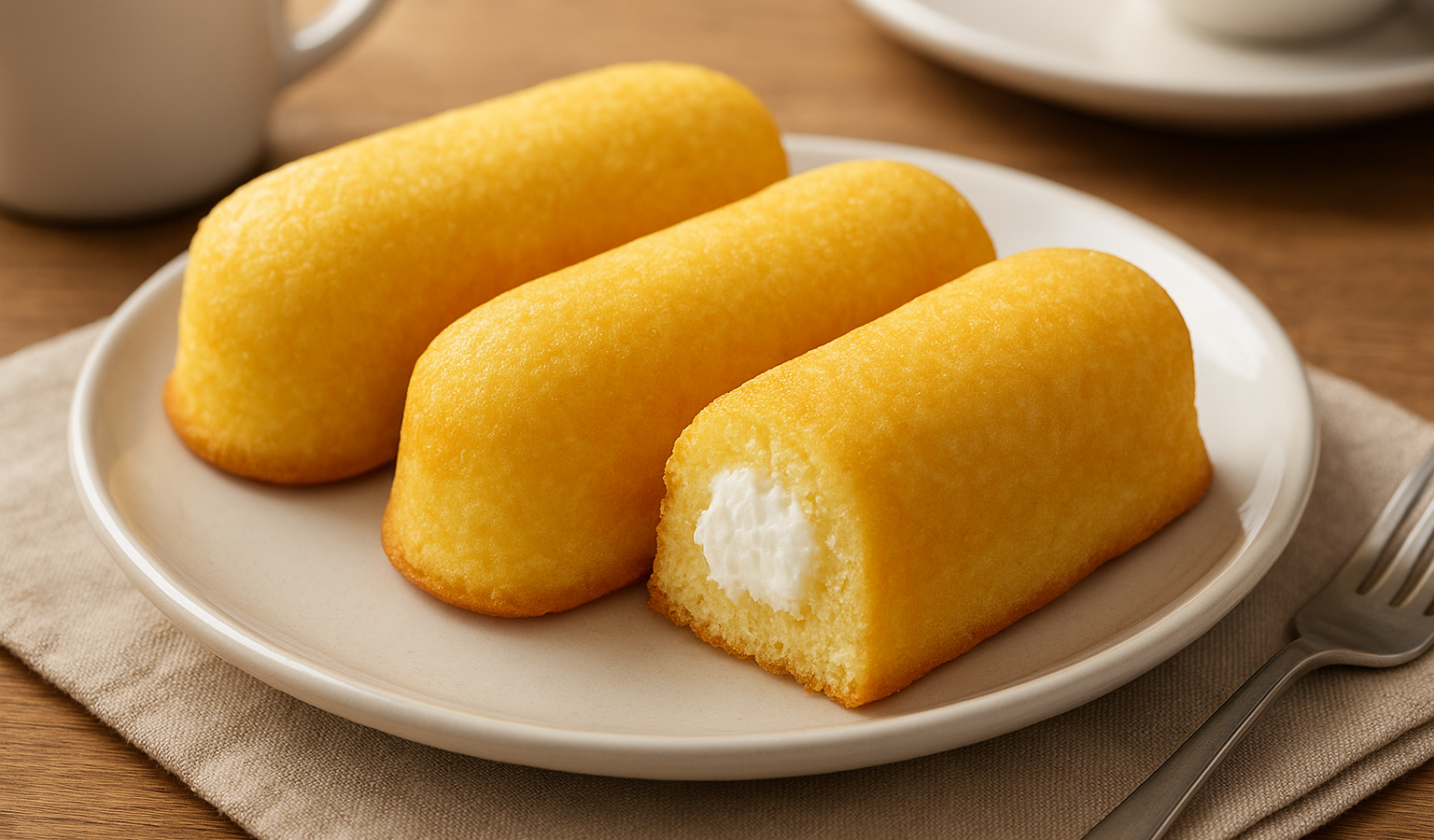 MAIN ARTICLE FEATURE IMAGE for The Homemade Twinkie: How to Make the Iconic Snack Cake at Home: the finished cooked dish fully prepared, plated, ready to eat, appetizing hero photo, clean real food styling, natural window light, table setting, shallow depth of field, landscape 16:9, no raw dough, no raw ingredients only, no empty tools, no text, no logo, no watermark Google Discover quality, sharp, appetizing, original, true 1600x900 landscape article image. Must look like a professional Google Discover hero/thumbnail image. Final cooked food only. No raw dough. No flour pile. No ingredient-only flat lay. No text, no logo, no watermark. Unique article image number 1. Do not repeat any previous image composition. Use realistic food photography, landscape 16:9, no text, no logo, no watermark.