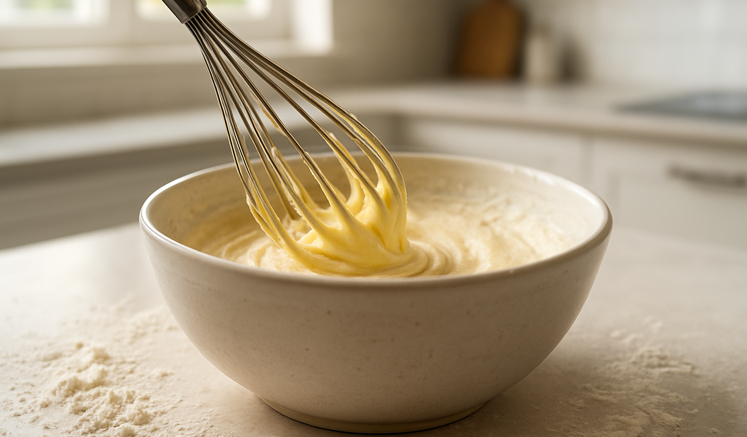 A wide-angle shot showing a stainless steel whisk mixing a light, fluffy batter in a ceramic bowl, flour dusting the countertop nearby, bright kitchen background, cinematic depth of field. Google Discover quality, sharp, appetizing, original, true 1600x900 landscape article image. Related inside-article supporting image, different from feature image, realistic food photography, no text, no logo, no watermark. Unique article image number 2. Do not repeat any previous image composition. Use realistic food photography, landscape 16:9, no text, no logo, no watermark.