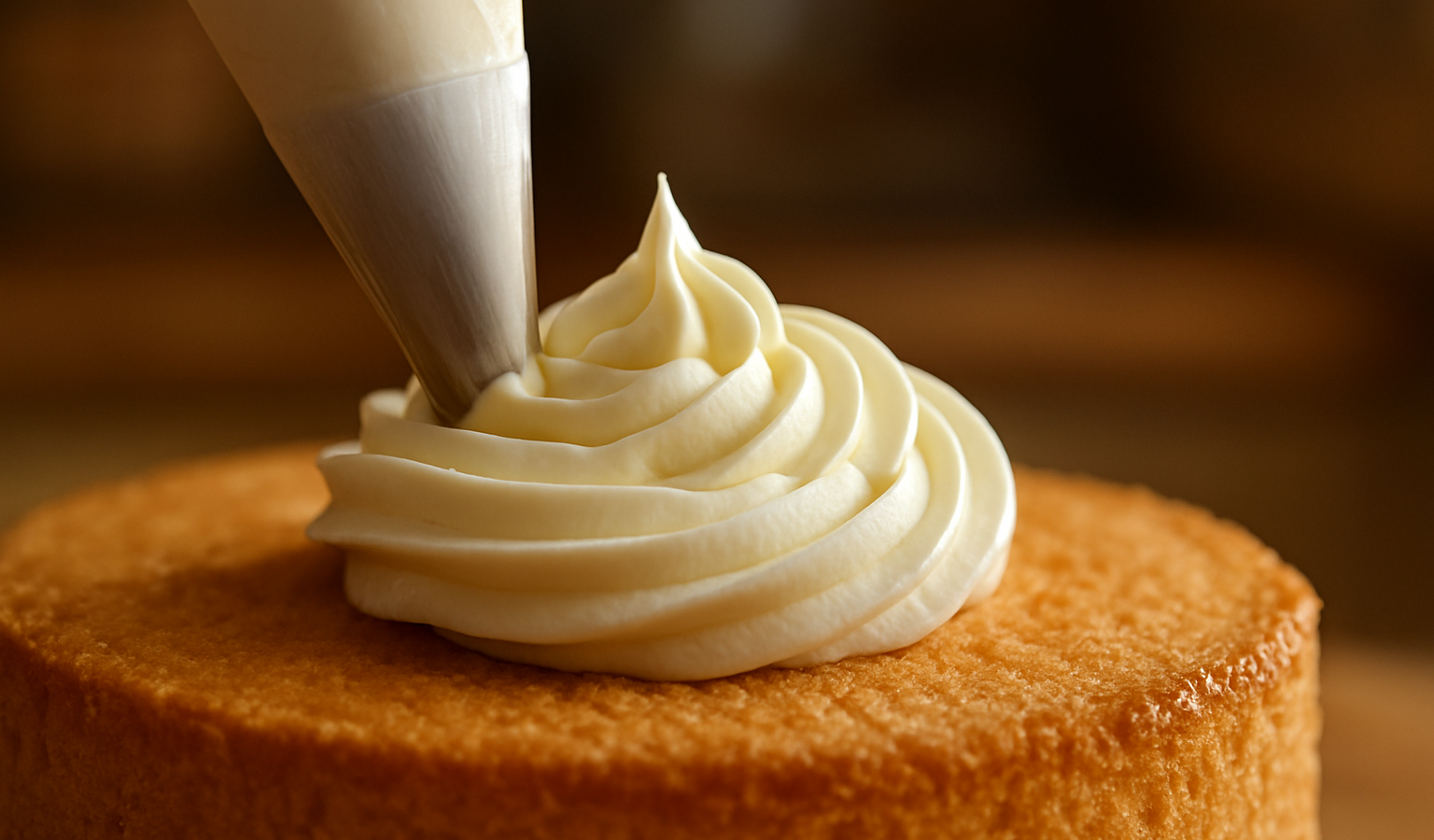 A side-angle macro shot of a piping bag filled with white cream inserting into the end of a golden cake, soft focus on the texture of the sponge, warm kitchen lighting. Google Discover quality, sharp, appetizing, original, true 1600x900 landscape article image. Related inside-article supporting image, different from feature image, realistic food photography, no text, no logo, no watermark. Unique article image number 3. Do not repeat any previous image composition. Use realistic food photography, landscape 16:9, no text, no logo, no watermark.