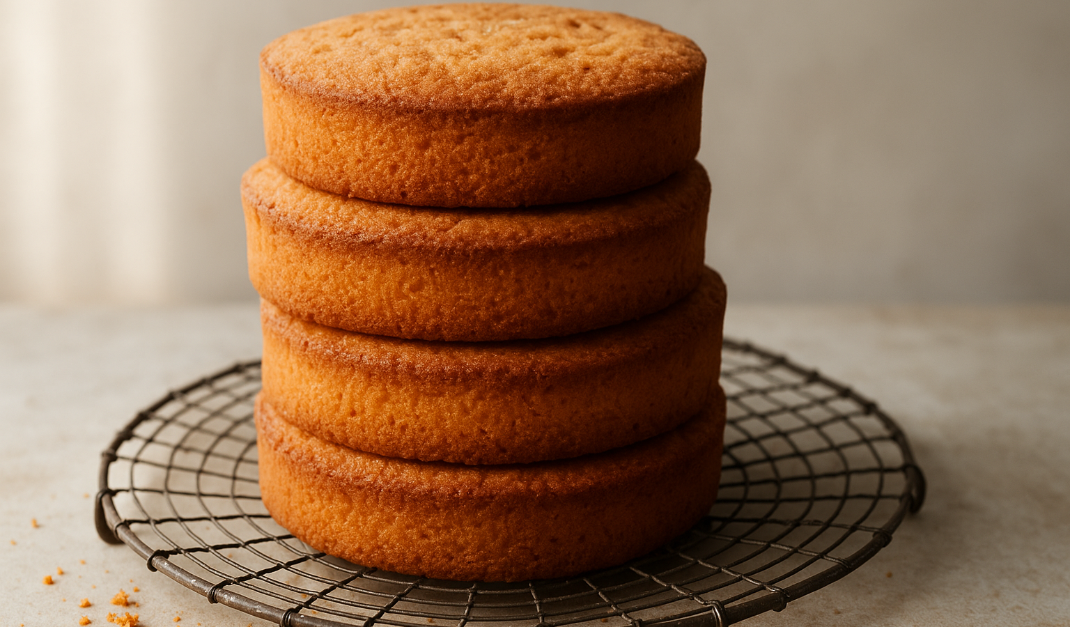 A stack of finished cakes on a vintage cooling rack, crumbs visible on the surface, soft morning light streaming in from the side, neutral background. Google Discover quality, sharp, appetizing, original, true 1600x900 landscape article image. Related inside-article supporting image, different from feature image, realistic food photography, no text, no logo, no watermark. Unique article image number 4. Do not repeat any previous image composition. Use realistic food photography, landscape 16:9, no text, no logo, no watermark.