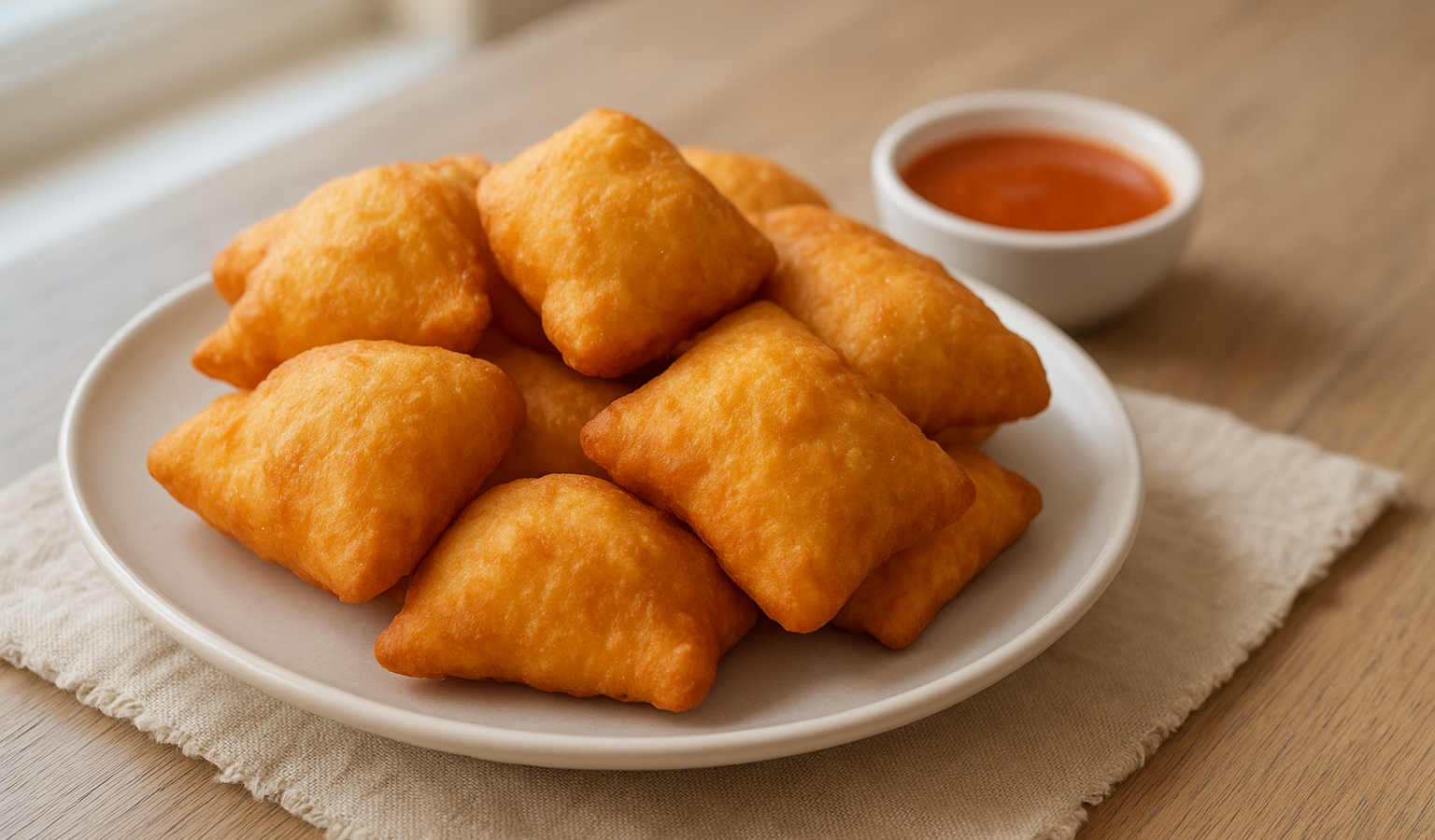 MAIN ARTICLE FEATURE IMAGE for Sopaipillas: The Crispy, Pillowy Fried Bread You Need to Make: the finished cooked dish fully prepared, plated, ready to eat, appetizing hero photo, clean real food styling, natural window light, table setting, shallow depth of field, landscape 16:9, no raw dough, no raw ingredients only, no empty tools, no text, no logo, no watermark Google Discover quality, sharp, appetizing, original, true 1600x900 landscape article image. Must look like a professional Google Discover hero/thumbnail image. Final cooked food only. No raw dough. No flour pile. No ingredient-only flat lay. No text, no logo, no watermark. Unique article image number 1. Do not repeat any previous image composition. Use realistic food photography, landscape 16:9, no text, no logo, no watermark.