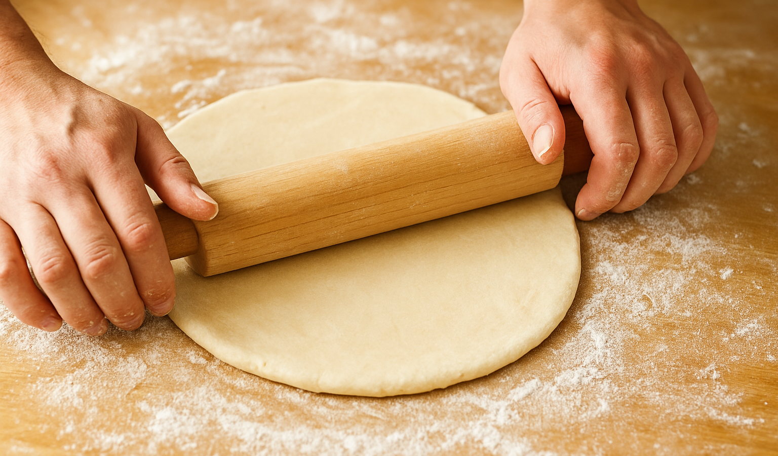 A pair of hands rolling out smooth, pale dough on a floured wooden surface, showing the texture of the flour and the rolling pin in motion, bright kitchen lighting. Google Discover quality, sharp, appetizing, original, true 1600x900 landscape article image. Related inside-article supporting image, different from feature image, realistic food photography, no text, no logo, no watermark. Unique article image number 2. Do not repeat any previous image composition. Use realistic food photography, landscape 16:9, no text, no logo, no watermark.