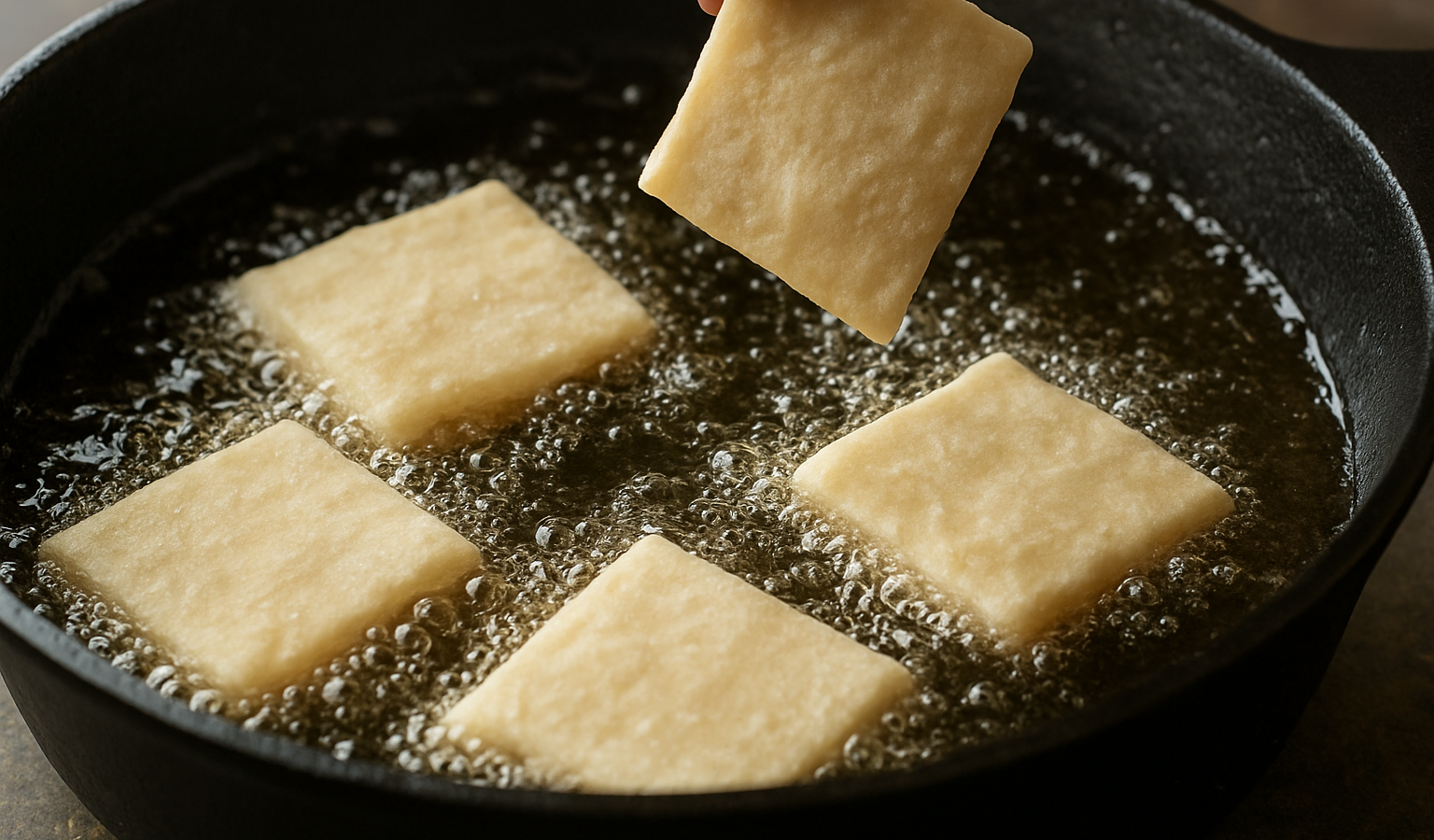 A close-up shot of square-cut raw dough pieces being lowered into a cast-iron pot filled with shimmering hot oil, with bubbles forming around the edges. Google Discover quality, sharp, appetizing, original, true 1600x900 landscape article image. Related inside-article supporting image, different from feature image, realistic food photography, no text, no logo, no watermark. Unique article image number 3. Do not repeat any previous image composition. Use realistic food photography, landscape 16:9, no text, no logo, no watermark.