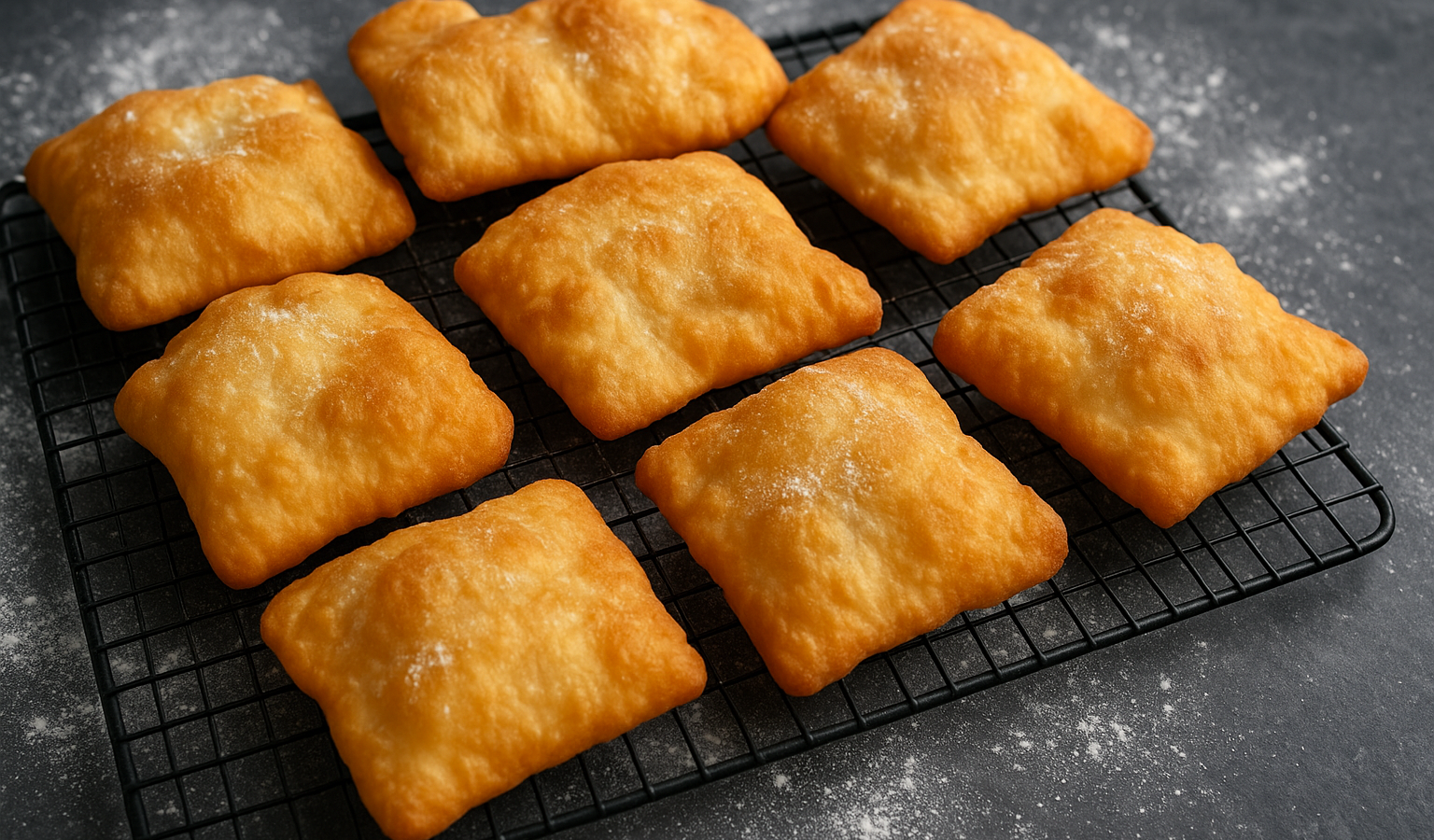 A high-angle shot of a cooling rack filled with freshly fried, airy, and slightly puffed sopaipillas, with a light dusting of flour visible on the dark countertop. Google Discover quality, sharp, appetizing, original, true 1600x900 landscape article image. Related inside-article supporting image, different from feature image, realistic food photography, no text, no logo, no watermark. Unique article image number 4. Do not repeat any previous image composition. Use realistic food photography, landscape 16:9, no text, no logo, no watermark.