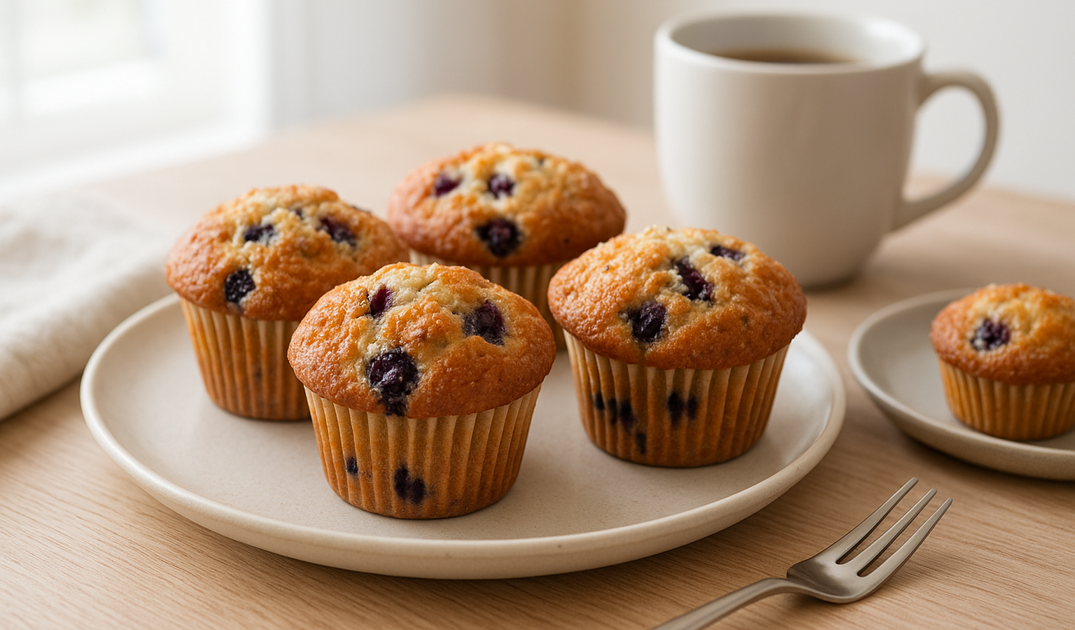 MAIN ARTICLE FEATURE IMAGE for The Muffin Mood: Why We Crave Them and How to Bake the Perfect Batch: the finished cooked dish fully prepared, plated, ready to eat, appetizing hero photo, clean real food styling, natural window light, table setting, shallow depth of field, landscape 16:9, no raw dough, no raw ingredients only, no empty tools, no text, no logo, no watermark Google Discover quality, sharp, appetizing, original, true 1600x900 landscape article image. Must look like a professional Google Discover hero/thumbnail image. Final cooked food only. No raw dough. No flour pile. No ingredient-only flat lay. No text, no logo, no watermark. Unique article image number 1. Do not repeat any previous image composition. Use realistic food photography, landscape 16:9, no text, no logo, no watermark.