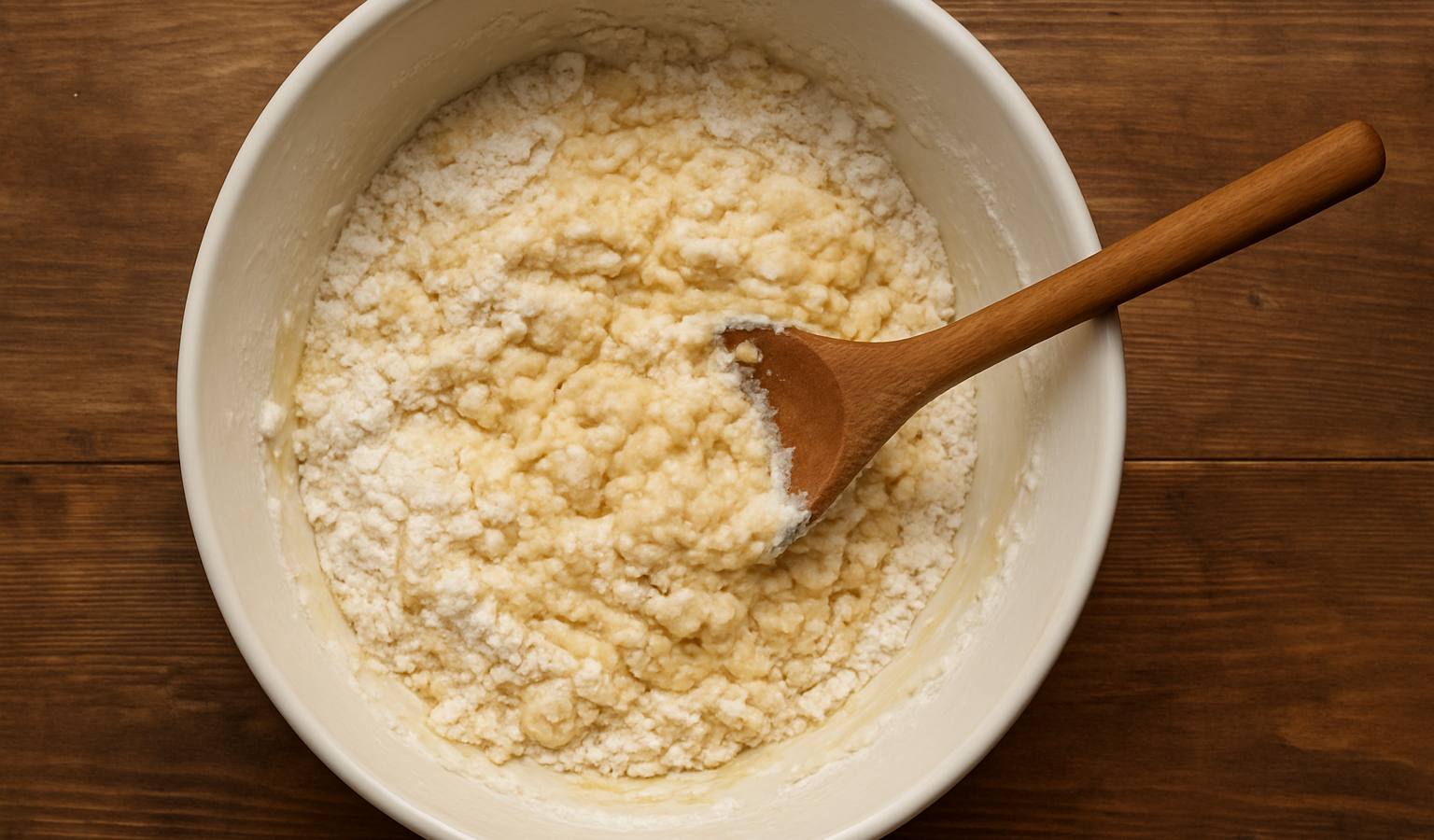 A top-down view of a mixing bowl containing flour and a wooden spoon, capturing the exact moment of folding wet and dry ingredients together with visible lumps, natural kitchen lighting. Google Discover quality, sharp, appetizing, original, true 1600x900 landscape article image. Related inside-article supporting image, different from feature image, realistic food photography, no text, no logo, no watermark. Unique article image number 2. Do not repeat any previous image composition. Use realistic food photography, landscape 16:9, no text, no logo, no watermark.