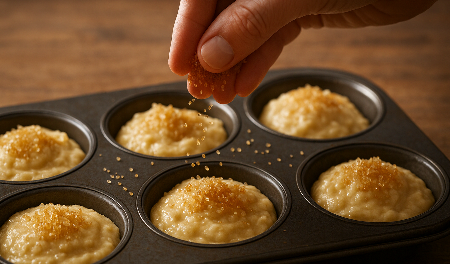 An action shot of a hand sprinkling coarse turbinado sugar over raw muffin batter in a tin, showing the texture of the batter and the glitter of the sugar crystals. Google Discover quality, sharp, appetizing, original, true 1600x900 landscape article image. Related inside-article supporting image, different from feature image, realistic food photography, no text, no logo, no watermark. Unique article image number 3. Do not repeat any previous image composition. Use realistic food photography, landscape 16:9, no text, no logo, no watermark.