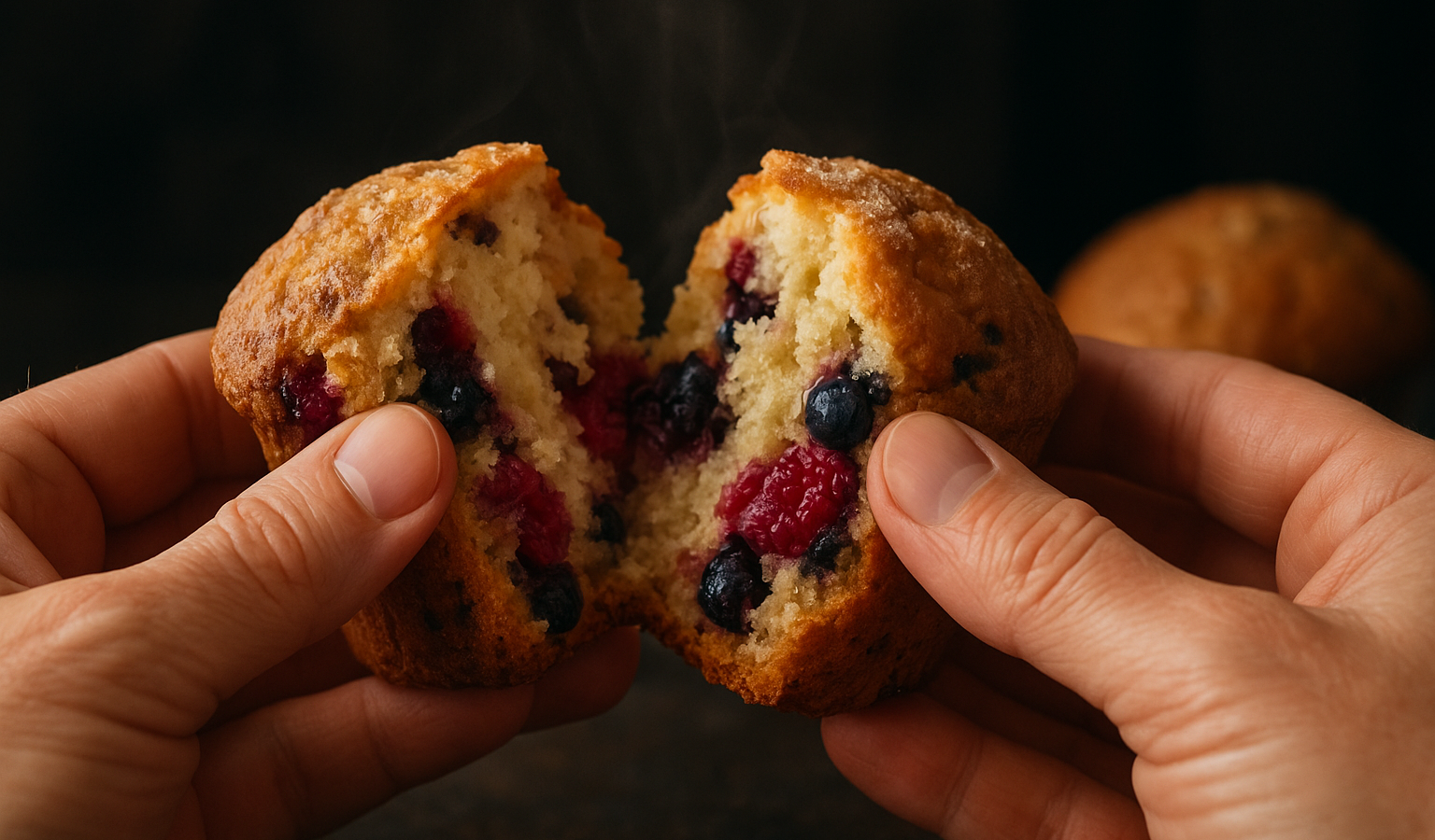 A warm, intimate shot of a muffin being pulled apart by hand to reveal a steaming, soft, airy interior filled with fresh berries, dark moody kitchen background. Google Discover quality, sharp, appetizing, original, true 1600x900 landscape article image. Related inside-article supporting image, different from feature image, realistic food photography, no text, no logo, no watermark. Unique article image number 4. Do not repeat any previous image composition. Use realistic food photography, landscape 16:9, no text, no logo, no watermark.