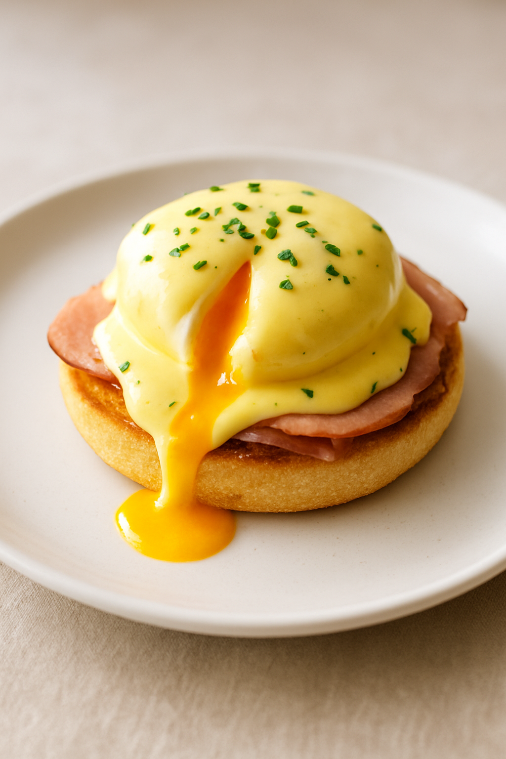 A perfectly plated Eggs Benedict on a white plate, soft morning light hitting the runny yolk, high resolution, 9:16 vertical. unique slide 1, vertical 9:16 realistic food photography, no words, no logo Unique image number 1. Do not repeat composition. Realistic food photography, vertical 9:16, no text, no watermark.