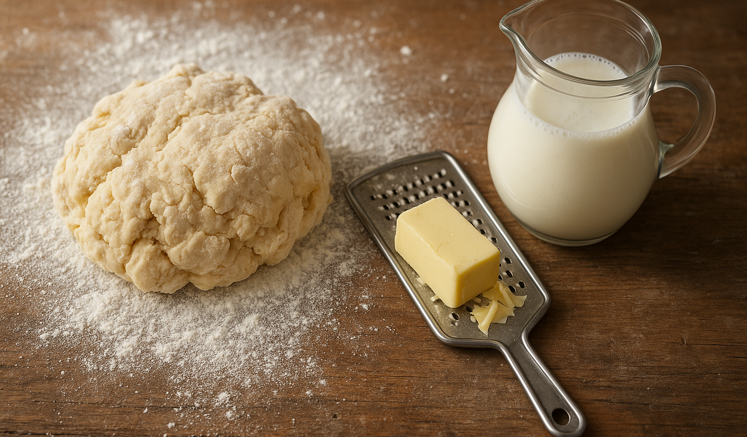 A close-up, top-down shot of a rustic wooden table with a white flour-dusted surface, a pile of raw biscuit dough, a metal grater with cold butter, and a glass pitcher of buttermilk in soft morning light. Google Discover quality, sharp, appetizing, original, 1600x900 landscape article image, no text, no logo, no watermark. Unique article image number 1. Do not repeat any previous image composition. Use realistic food photography, landscape 16:9, no text, no logo, no watermark.