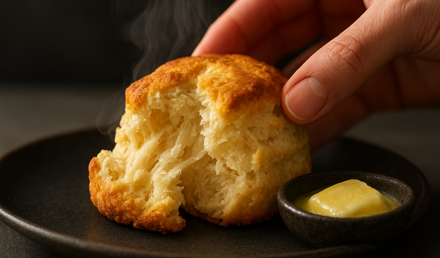 A side-angle macro shot of a single warm, golden-brown biscuit being pulled apart by hand, showing soft, flaky interior steam, resting on a dark ceramic plate with a small dish of melting yellow butter nearby. Google Discover quality, sharp, appetizing, original, 1600x900 landscape article image, no text, no logo, no watermark. Unique article image number 2. Do not repeat any previous image composition. Use realistic food photography, landscape 16:9, no text, no logo, no watermark.