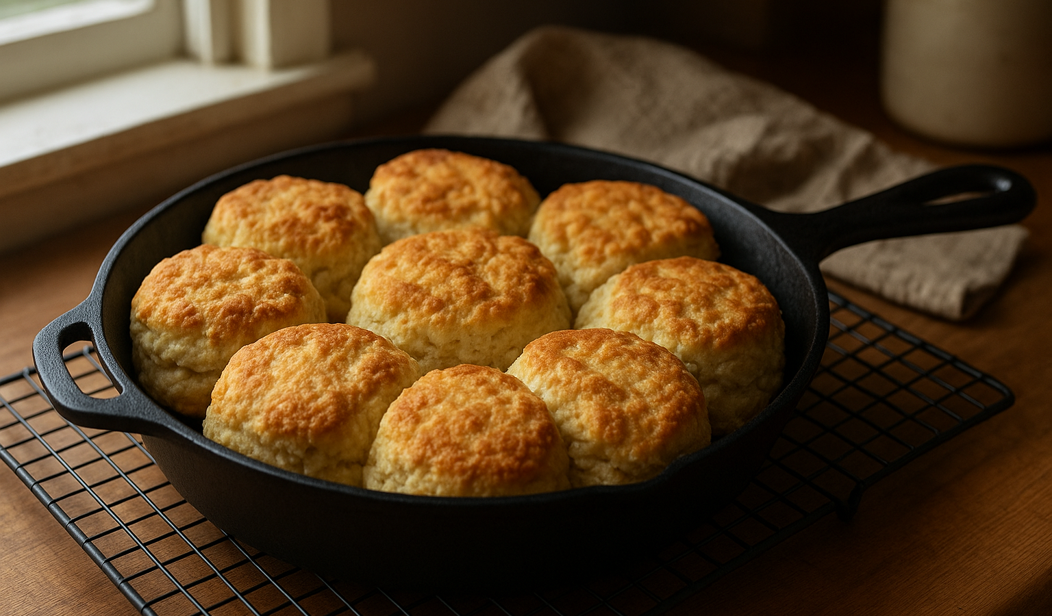 A cozy kitchen scene with a cast-iron skillet filled with freshly baked, crowded biscuits sitting on a cooling rack, natural window light hitting the crisp, golden tops. Google Discover quality, sharp, appetizing, original, 1600x900 landscape article image, no text, no logo, no watermark. Unique article image number 3. Do not repeat any previous image composition. Use realistic food photography, landscape 16:9, no text, no logo, no watermark.