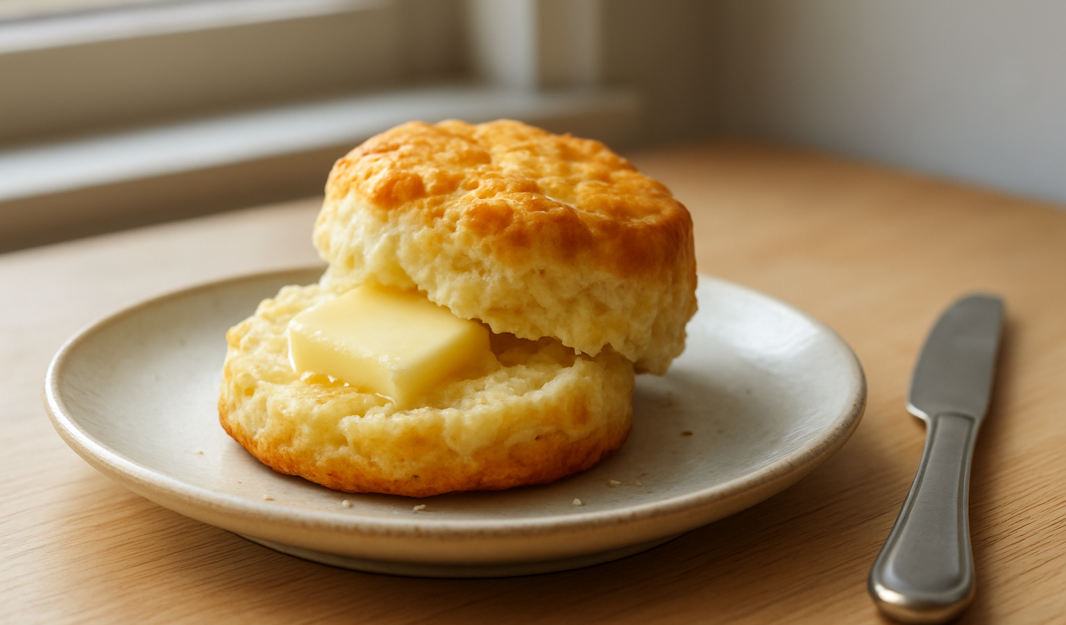 Hero image for Biscuit (bread) eating mood: realistic finished food dish on a clean table, natural window light, editorial food photography, landscape 16:9, no text, no logo, no watermark Google Discover quality, sharp, appetizing, original, 1600x900 landscape article image, no text, no logo, no watermark. Unique article image number 4. Do not repeat any previous image composition. Use realistic food photography, landscape 16:9, no text, no logo, no watermark.