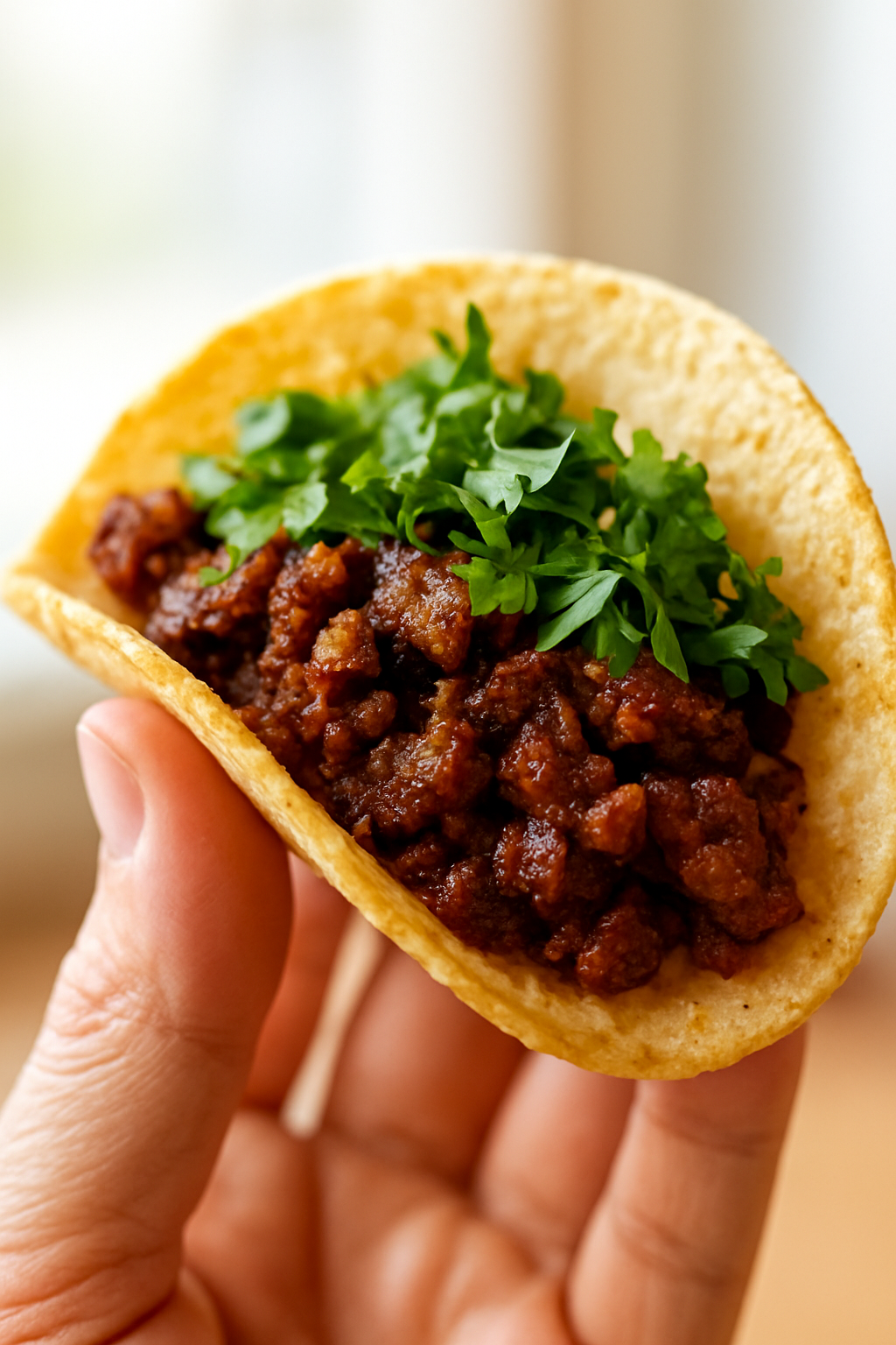 Close-up of a single taco held by a hand, focus on texture of meat and fresh cilantro, bright window lighting, vertical 9:16. unique slide 1, vertical 9:16 realistic food photography, no words, no logo Unique image number 1. Do not repeat composition. Realistic food photography, vertical 9:16, no text, no watermark.